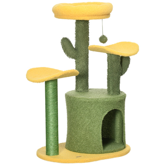 PawHut Árbol Rascador para Gatos en Forma de Cactus Altura 83 cm Torre para Gatos con Cama Caseta de Felpa Plataformas Postes de Sisal y Bola Colgante 54x39x83 cm Amarillo y Verde