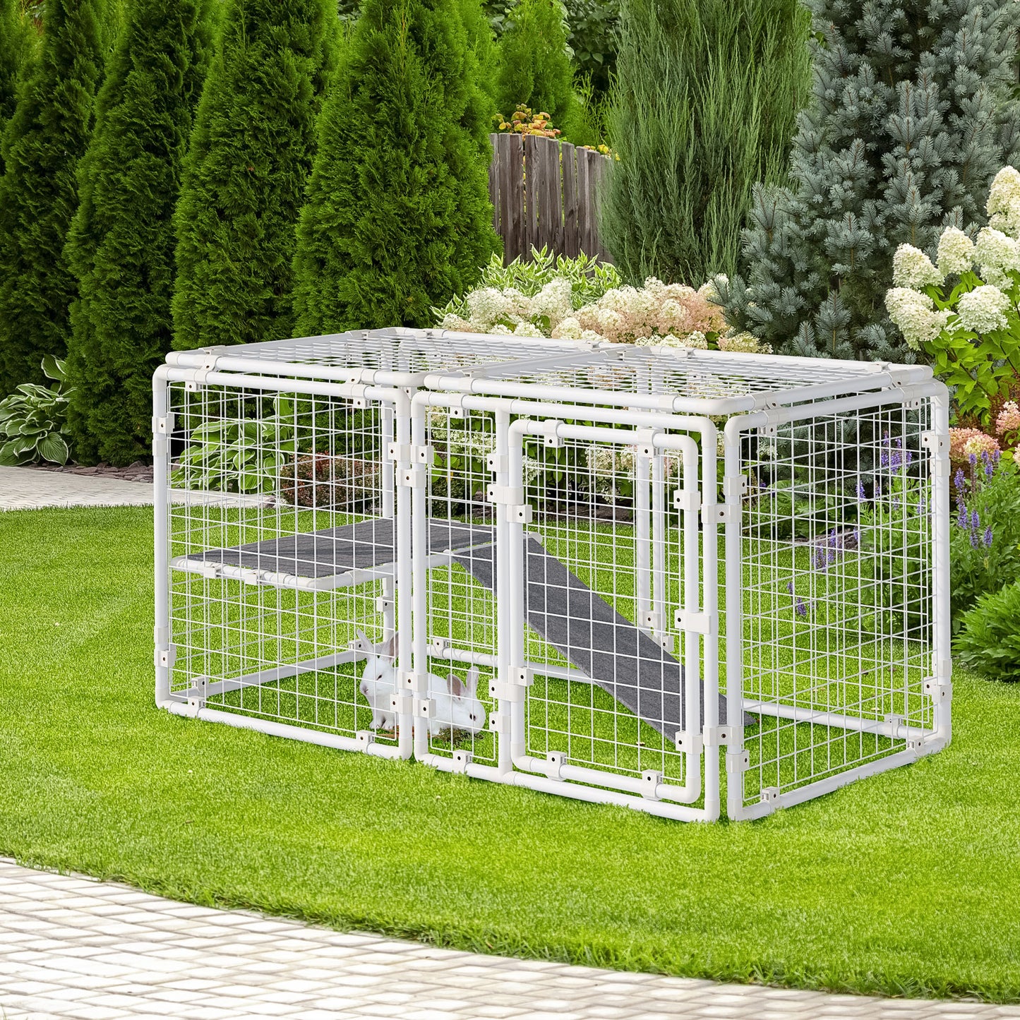 Pawhut Valla Metálica para Mascotas Parque para Conejos Conejera con 9 Paneles Puerta con Pestillo y Escalera para Cobayas Gatos Cachorros Diseño DIY 68x68x2,5 cm Blanco