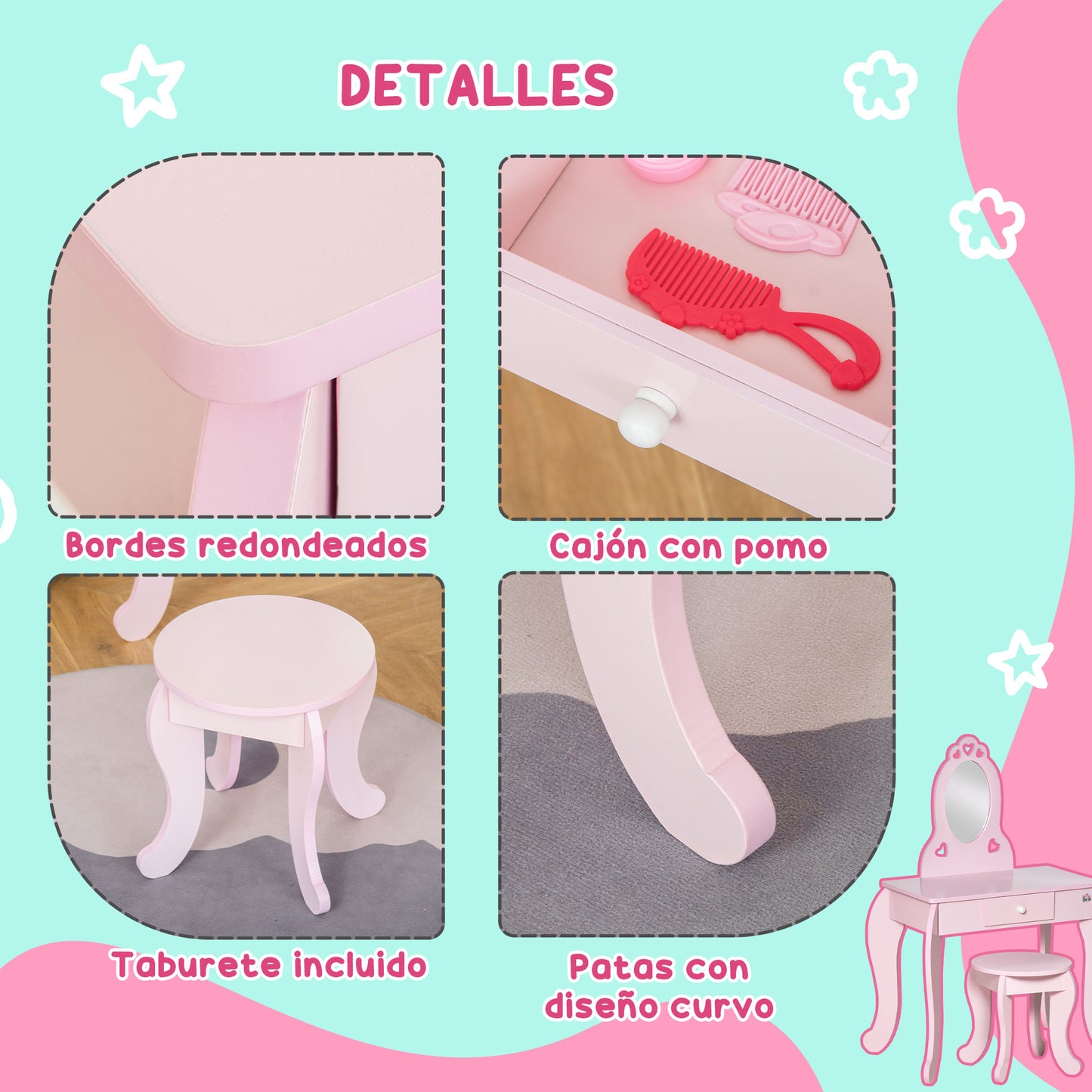 HOMCOM Tocador Infantil de Madera para Niñas de 3-6 Años con Taburete y Espejo Tipo Princesa Mesa de Maquillaje para Niñas con Cajón para Dormitorio 60x36x88 cm Rosa