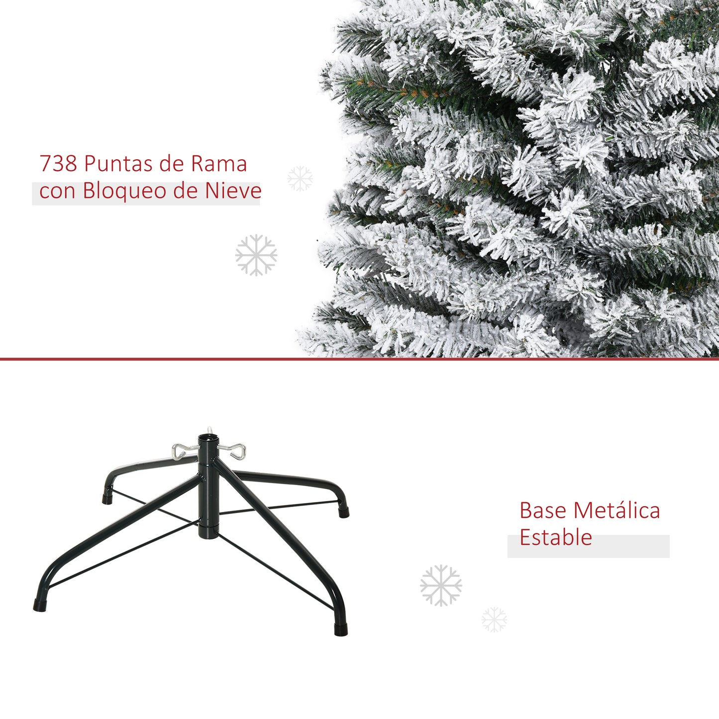 HOMCOM Árbol de Navidad 225 cm Árbol de Navidad Artificial Nevado con 738 Ramas y Soporte de Metal Árbol Navideño para Salón Verde y Blanco