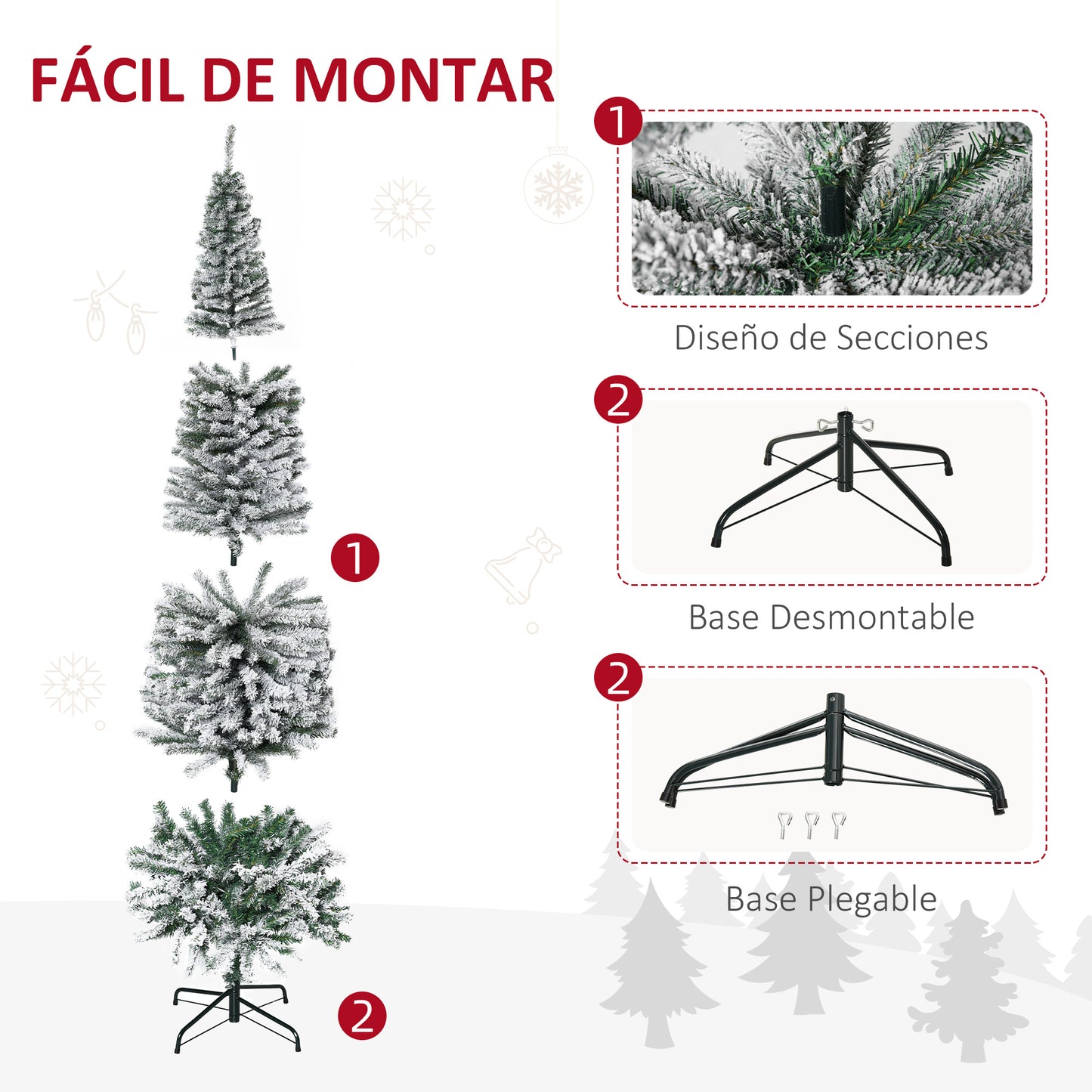 HOMCOM Árbol de Navidad 225 cm Árbol de Navidad Artificial Nevado con 738 Ramas y Soporte de Metal Árbol Navideño para Salón Verde y Blanco