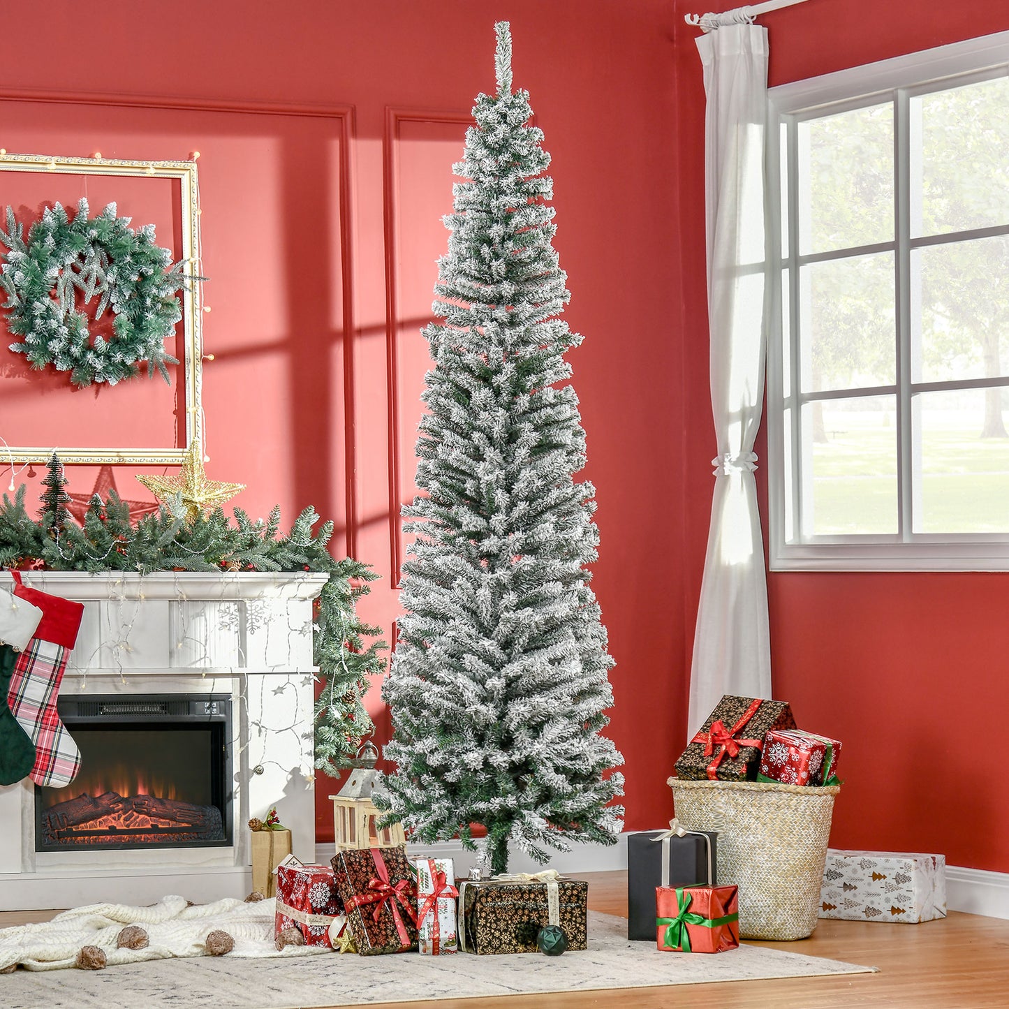 HOMCOM Árbol de Navidad 225 cm Árbol de Navidad Artificial Nevado con 738 Ramas y Soporte de Metal Árbol Navideño para Salón Verde y Blanco