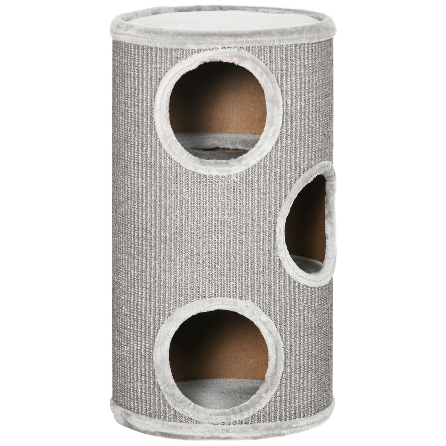 PawHut Barril Rascador para Gatos de 3 Niveles Torre Rascador para Gatos con 3 Entradas y Cubierta de Sisal Ø38x70 cm Gris Claro