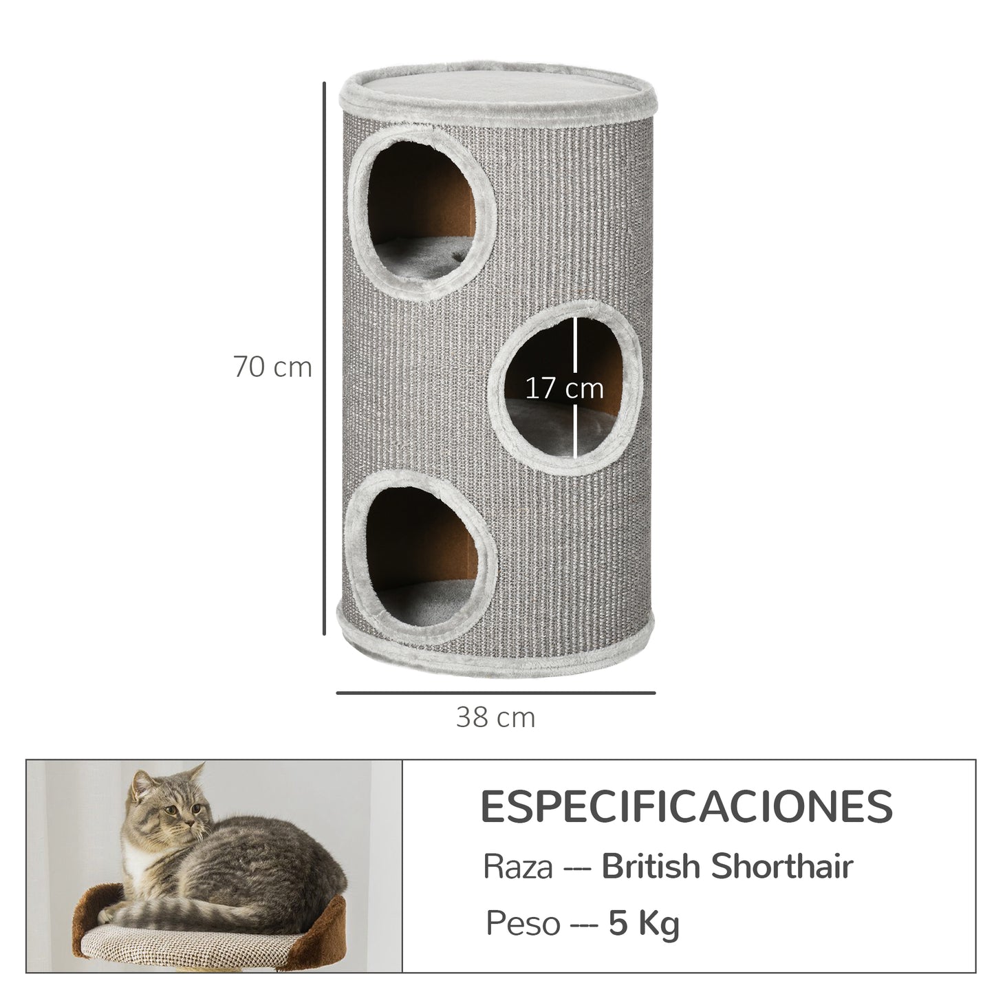 PawHut Barril Rascador para Gatos de 3 Niveles Torre Rascador para Gatos con 3 Entradas y Cubierta de Sisal Ø38x70 cm Gris Claro