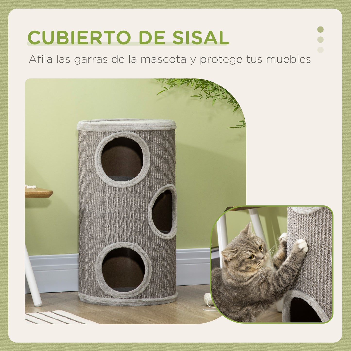 PawHut Barril Rascador para Gatos de 3 Niveles Torre Rascador para Gatos con 3 Entradas y Cubierta de Sisal Ø38x70 cm Gris Claro