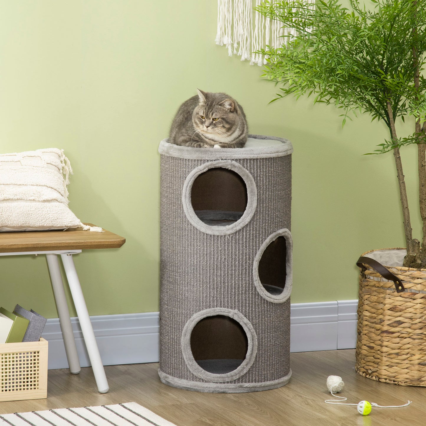 PawHut Barril Rascador para Gatos de 3 Niveles Torre Rascador para Gatos con 3 Entradas y Cubierta de Sisal Ø38x70 cm Gris Claro