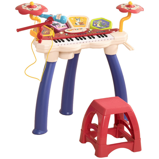 AIYAPLAY Piano Electrónico Infantil de 32 Teclas Juego de Piano 2 en 1 con Batería Micrófono Taburete Luces 19 Canciones 4 Sonidos y Volumen Ajustable 74x32,2x71 cm Multicolor