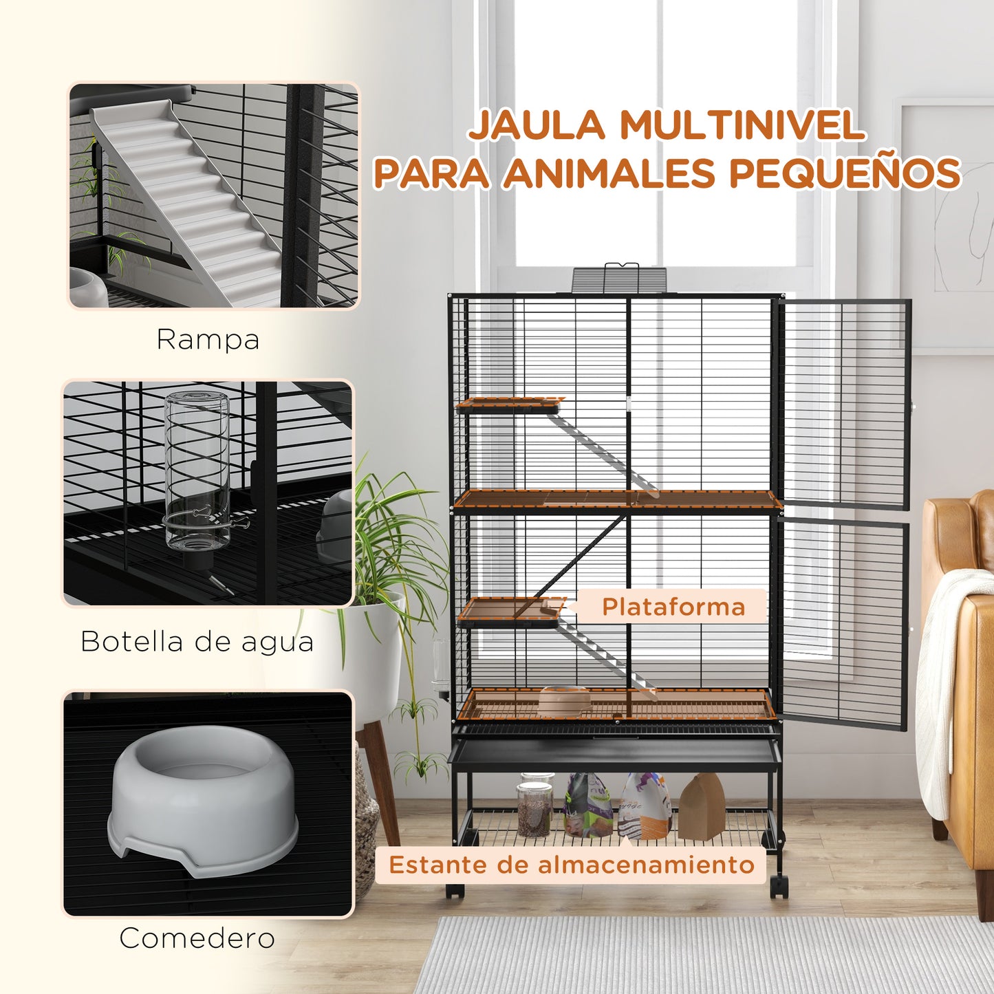 PawHut Jaula para Animales Pequeños de 4 Niveles Jaula para Roedores con Ruedas Rampa Cuenco Botella de Agua y Bandeja Extraíble Recinto para Conejos Chinchillas Hurones 78x45,5x136 cm Negro