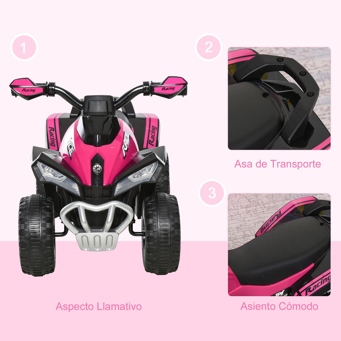 HOMCOM Quad Moto Correpasillo para Niños de 18-36 Meses con Función de Luces y Música Diseño Novedoso Soporta hasta 20 kg 67,5x38x44 cm Rosa