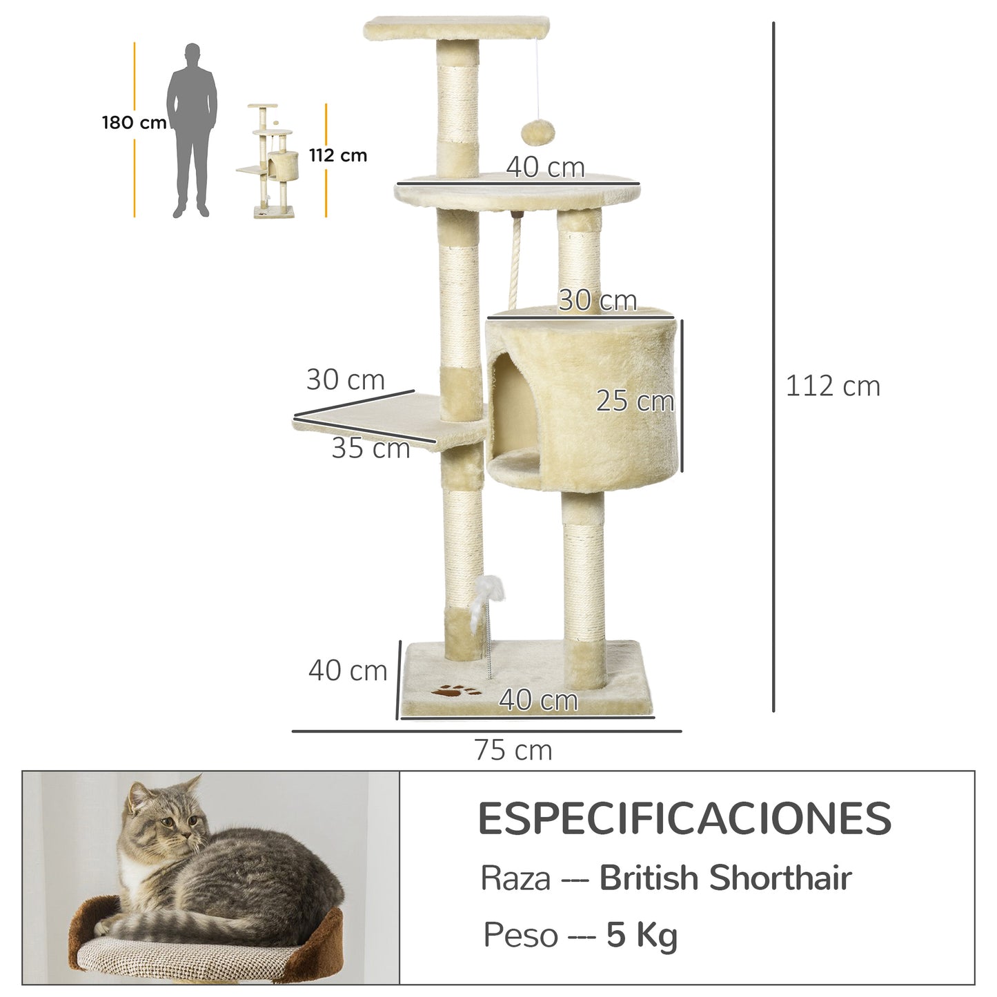 PawHut Árbol para Gatos Rascador 116 cm de 4 Pisos con Poste para Arañar Cueva Espaciosa Múltiples Plataformas Juguetes Divertidos 40x40x116 cm Beige