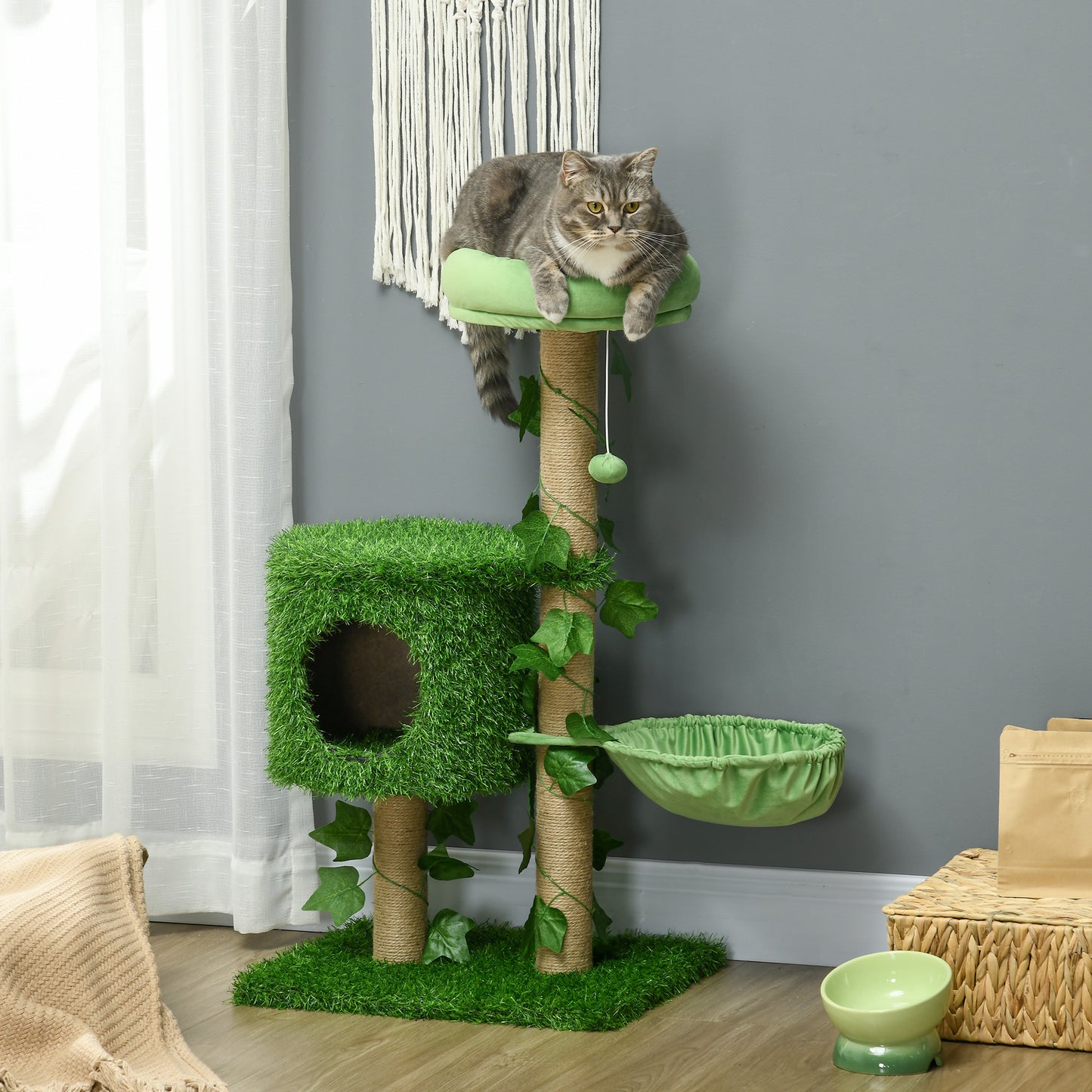 PawHut Árbol Rascador para Gatos 91 cm Torre para 1-2 Gatos con Caseta Cama Hamaca Poste de Yute y Bola Colgante 50x40x91 cm Verde