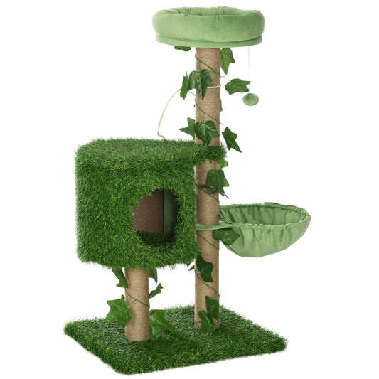 PawHut Árbol Rascador para Gatos 91 cm Torre para 1-2 Gatos con Caseta Cama Hamaca Poste de Yute y Bola Colgante 50x40x91 cm Verde