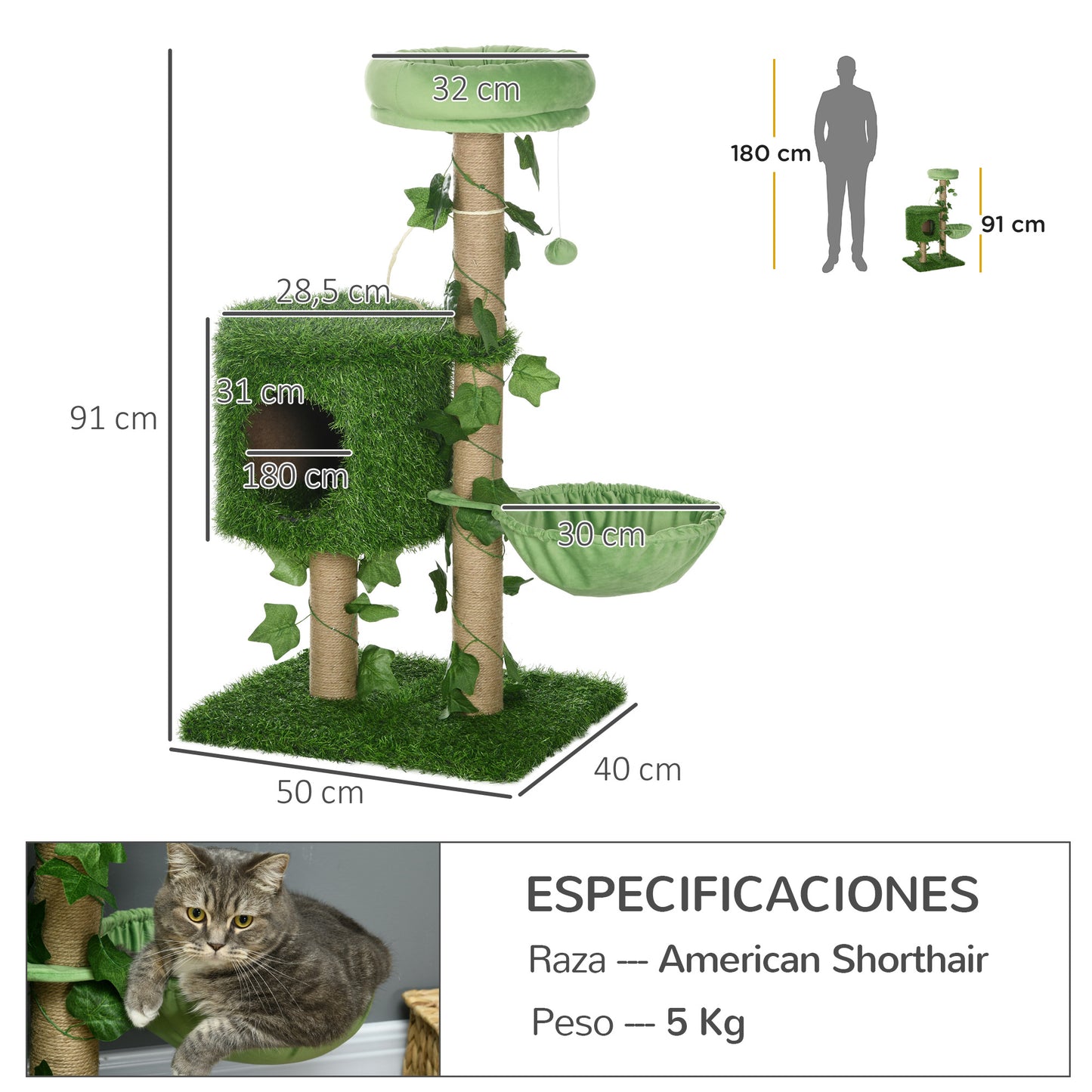 PawHut Árbol Rascador para Gatos 91 cm Torre para 1-2 Gatos con Caseta Cama Hamaca Poste de Yute y Bola Colgante 50x40x91 cm Verde