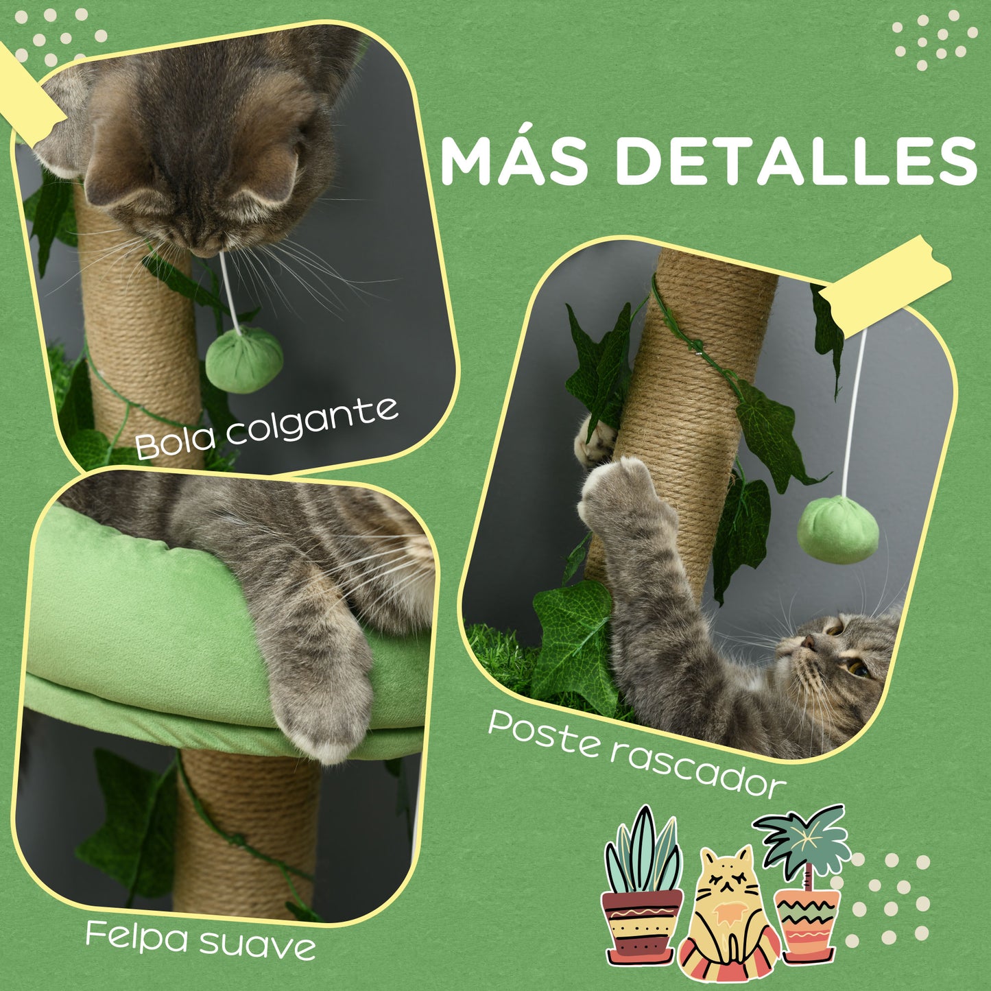 PawHut Árbol Rascador para Gatos 91 cm Torre para 1-2 Gatos con Caseta Cama Hamaca Poste de Yute y Bola Colgante 50x40x91 cm Verde