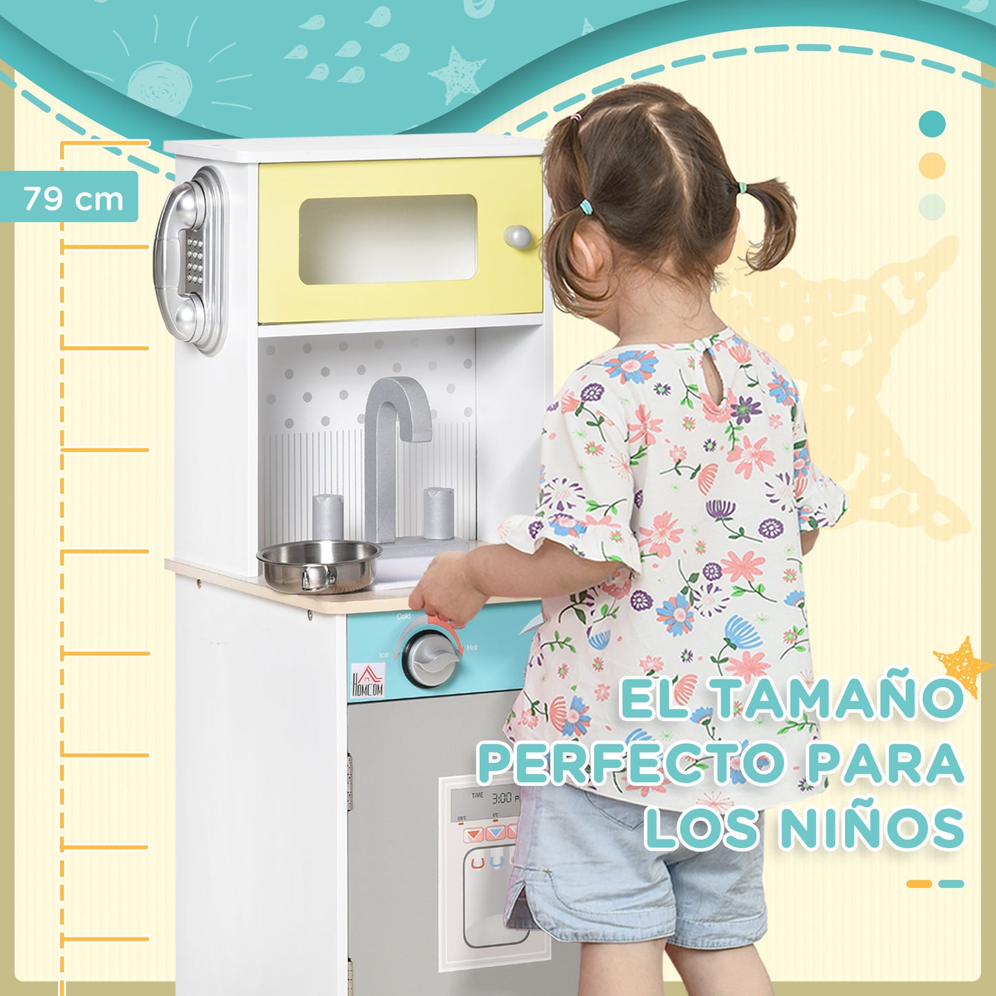 HOMCOM Cocina de Juguete de Madera para Niños de +3 Años Cocinita Infantil con Accesorios Teléfono Simulado Dispensador de Agua y Armarios 32x30x79 cm Blanco