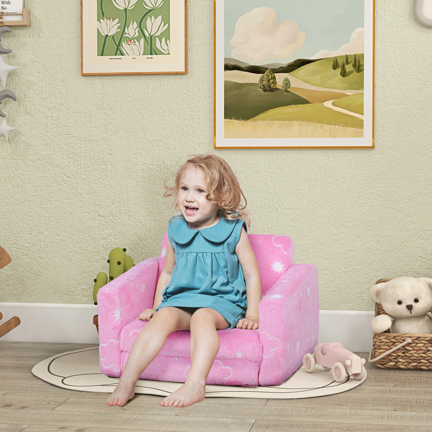 AIYAPLAY Sillón Infantil Plegable Sofá Infantil Reclinable 2 en 1 Sofá para Bebés Tapizado de Tela Luminosa Cojín y Funda Lavables para Dormitorio Salón Rosa