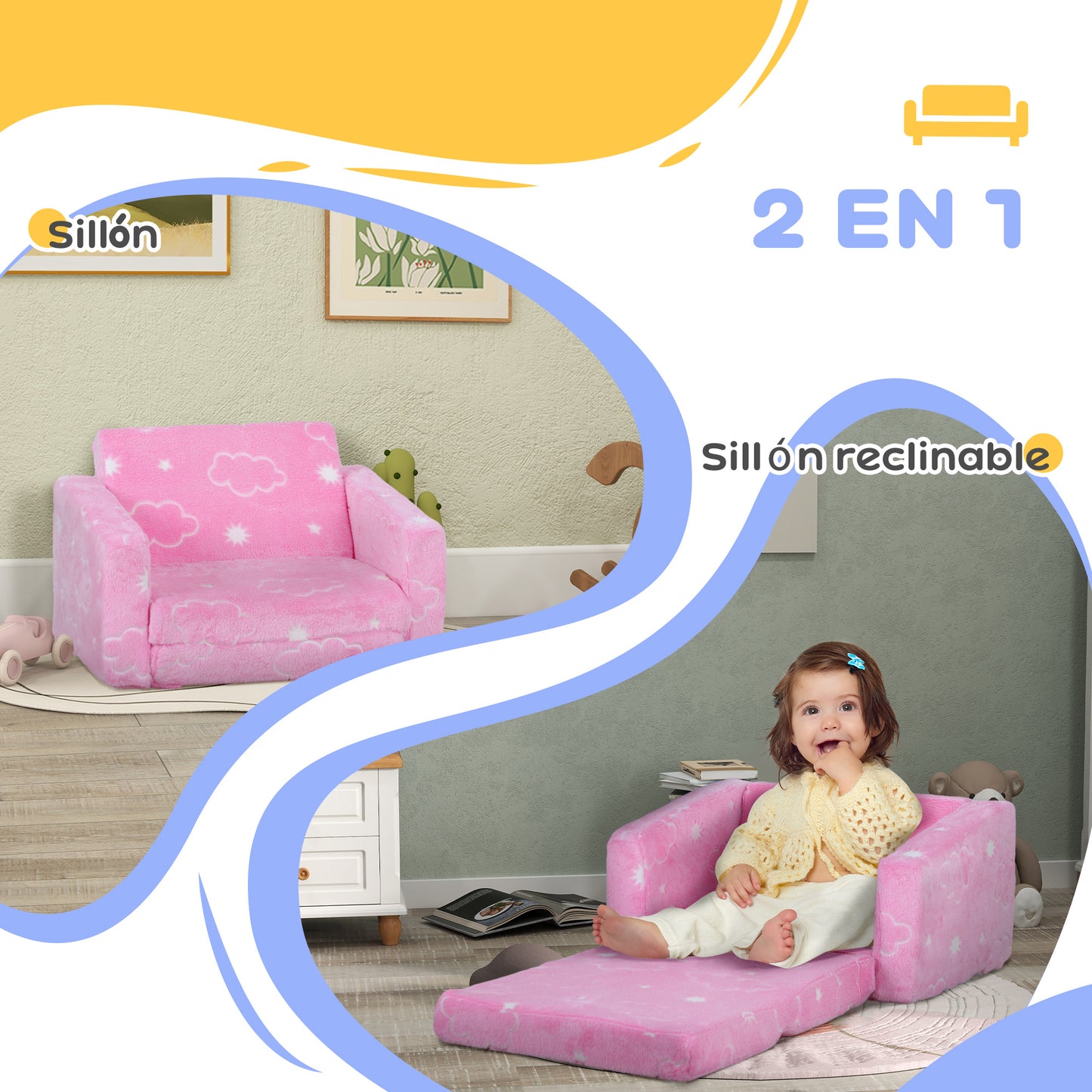 AIYAPLAY Sillón Infantil Plegable Sofá Infantil Reclinable 2 en 1 Sofá para Bebés Tapizado de Tela Luminosa Cojín y Funda Lavables para Dormitorio Salón Rosa