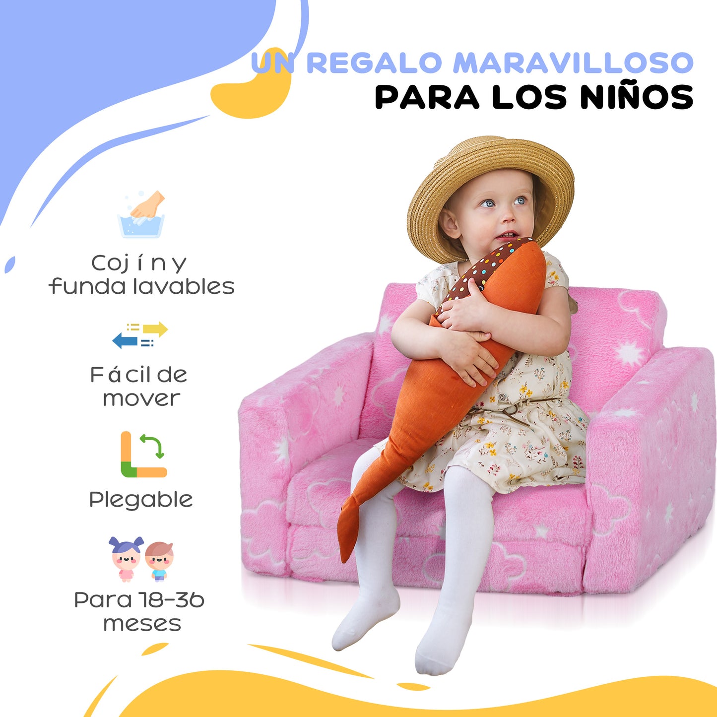 AIYAPLAY Sillón Infantil Plegable Sofá Infantil Reclinable 2 en 1 Sofá para Bebés Tapizado de Tela Luminosa Cojín y Funda Lavables para Dormitorio Salón Rosa