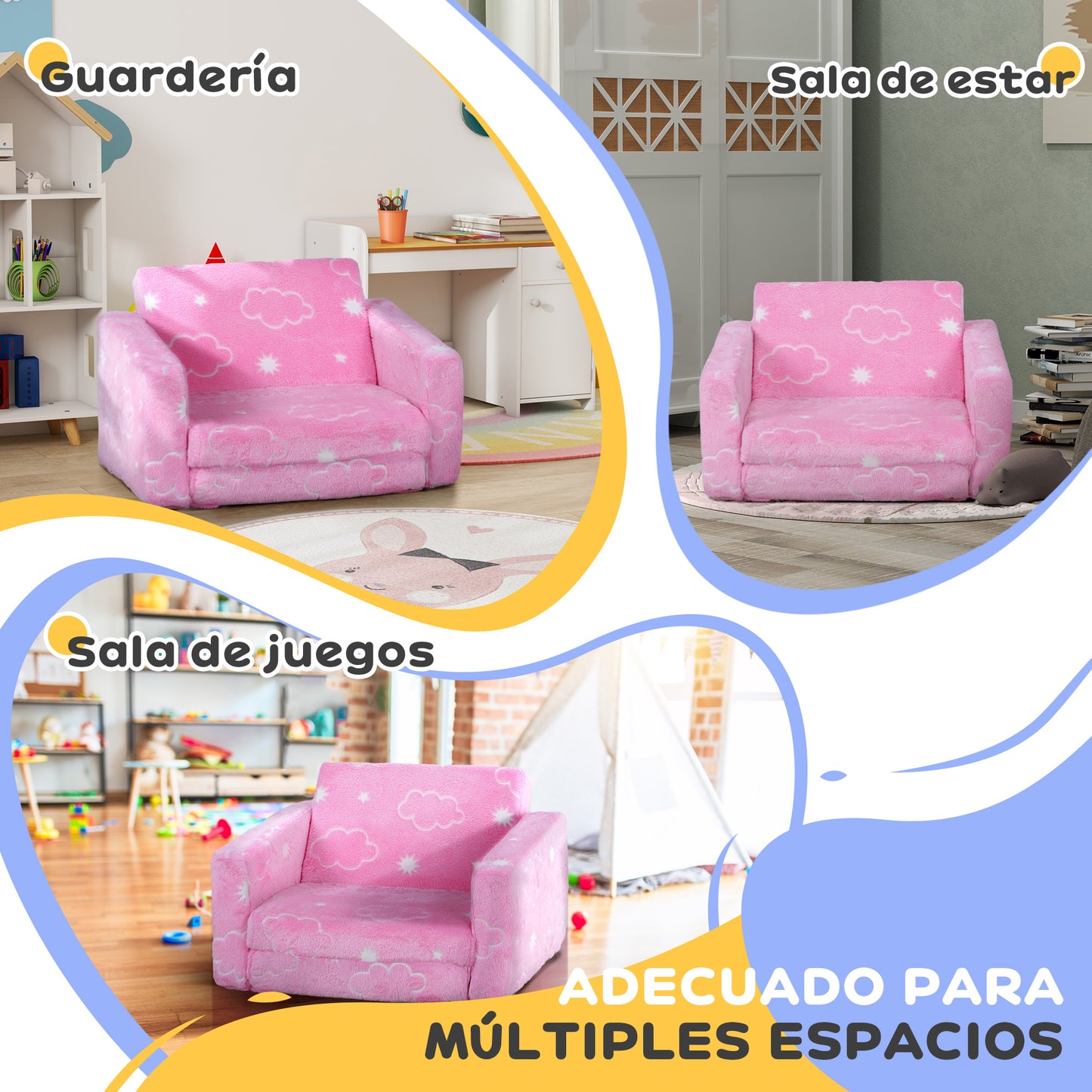 AIYAPLAY Sillón Infantil Plegable Sofá Infantil Reclinable 2 en 1 Sofá para Bebés Tapizado de Tela Luminosa Cojín y Funda Lavables para Dormitorio Salón Rosa