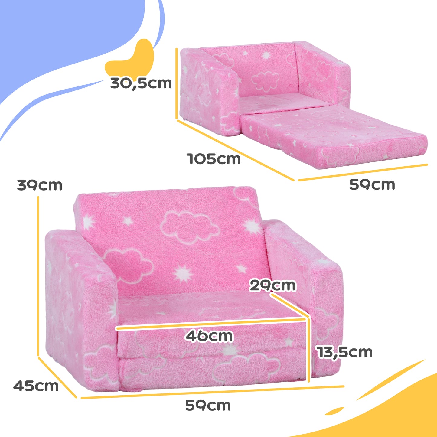 AIYAPLAY Sillón Infantil Plegable Sofá Infantil Reclinable 2 en 1 Sofá para Bebés Tapizado de Tela Luminosa Cojín y Funda Lavables para Dormitorio Salón Rosa