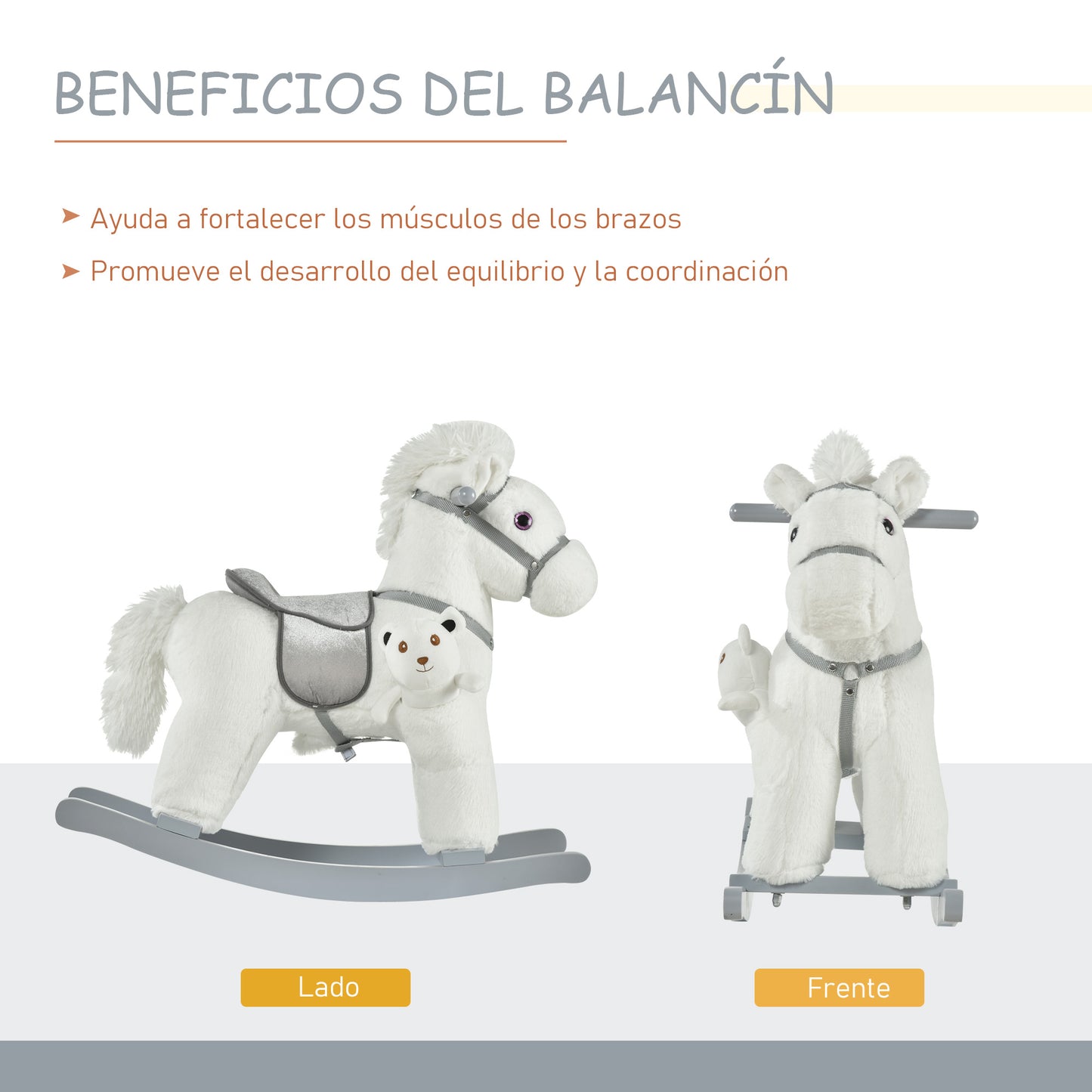 HOMCOM Caballito Balancín con Felpa con Osito de Peluche para Niños 18-36 Meses Caballo Mecedora Sonidos de Relincho y Galope Base de Madera Asiento 35 cm Carga 30 kg 65x26x55 cm Blanco