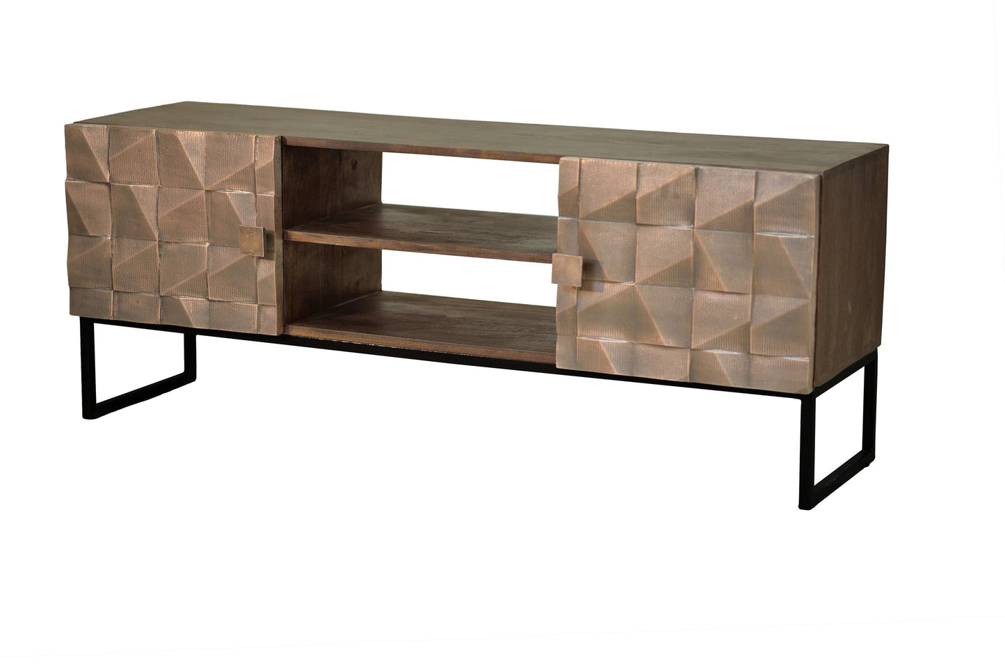 Mueble tv 2 puertas, fabricada en madera maciza de mango, los detalles de las puertas son de bronce, base de hierro lacado en color bronce oscuro - GINER Y COLOMER