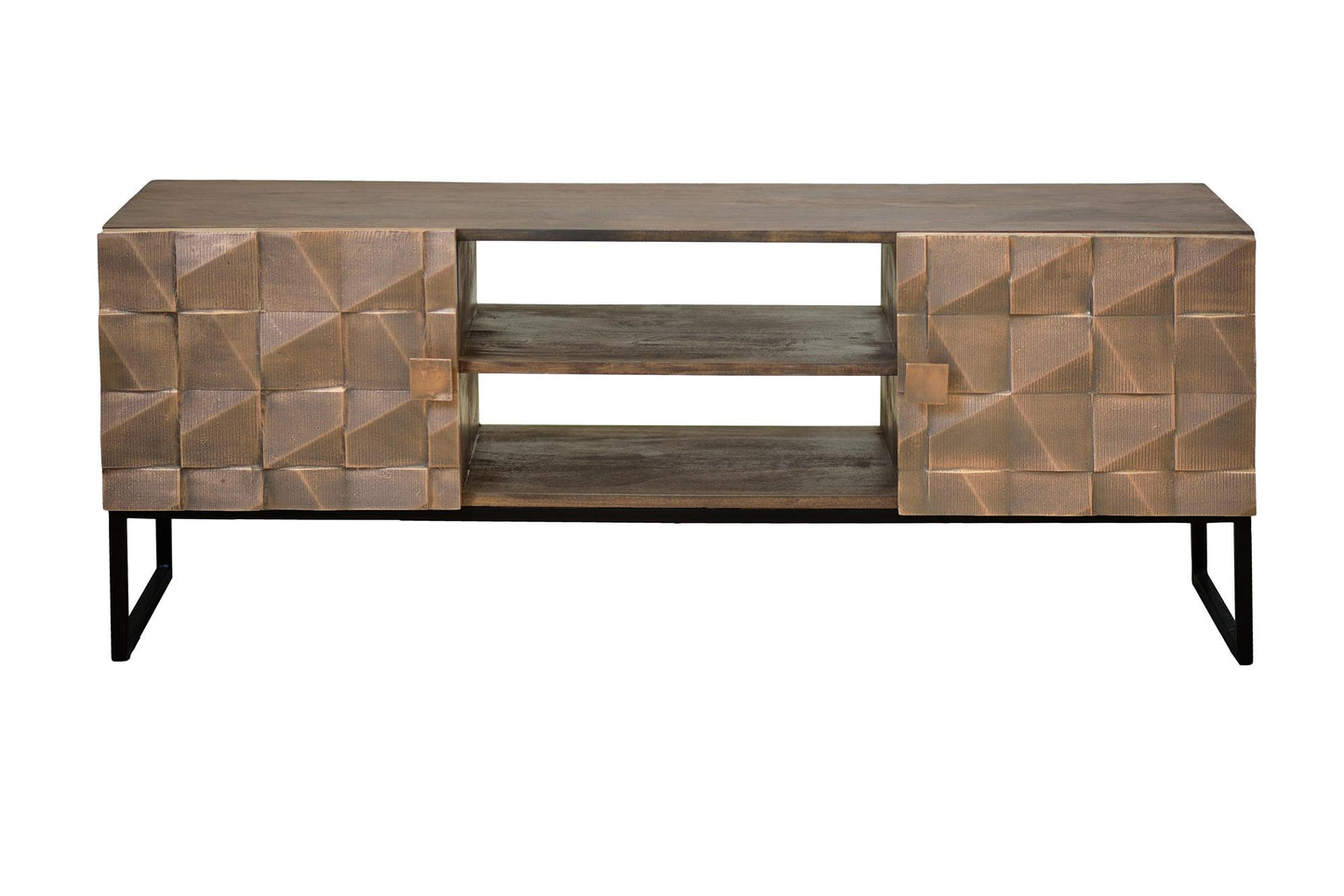 Mueble tv 2 puertas, fabricada en madera maciza de mango, los detalles de las puertas son de bronce, base de hierro lacado en color bronce oscuro - GINER Y COLOMER