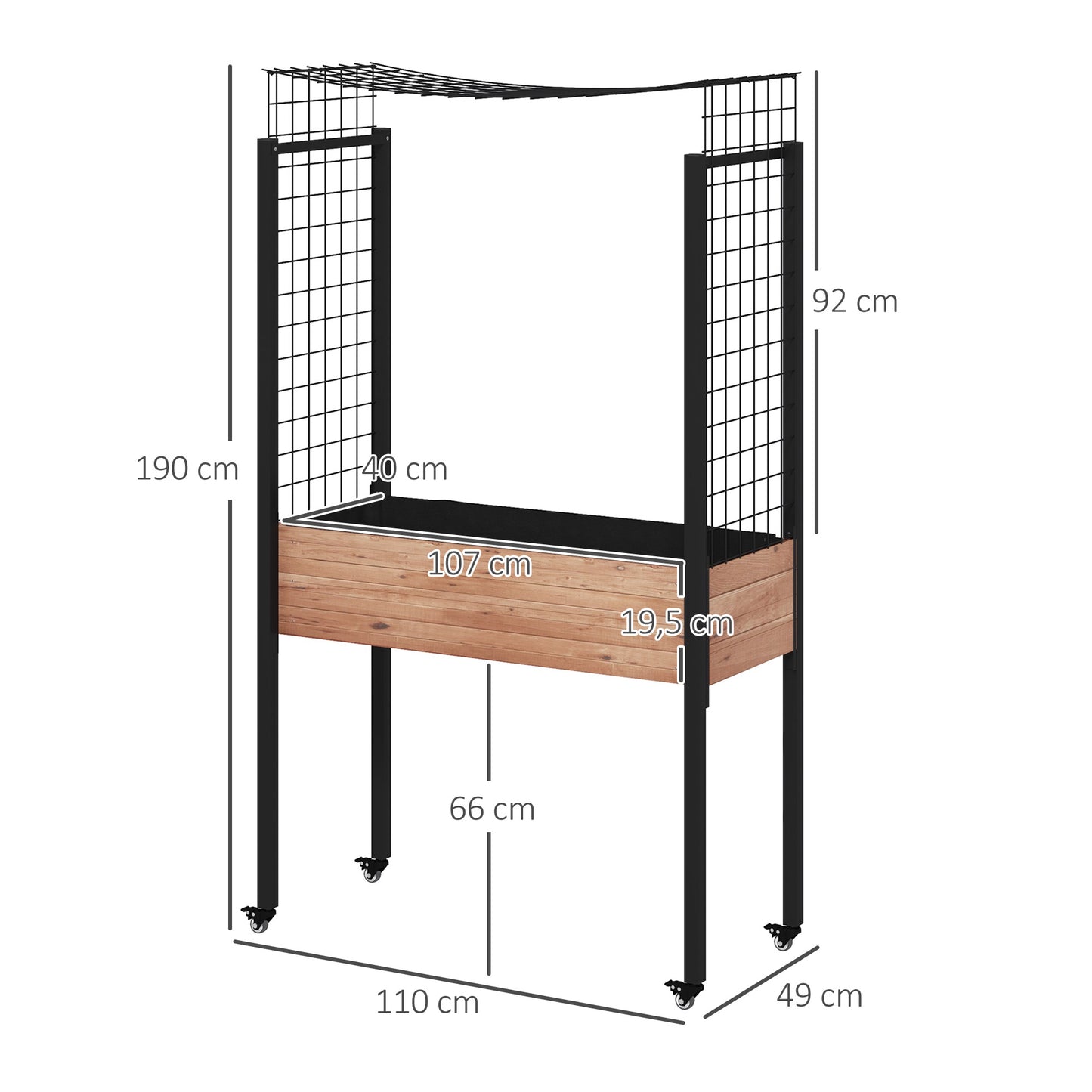 Outsunny Mesa de Cultivo con Ruedas Huerto Urbano Elevado con Enrejado Orificios de Drenaje para Plantas Trepadoras Flores Jardinera de Madera 110x49x190 cm Marrón