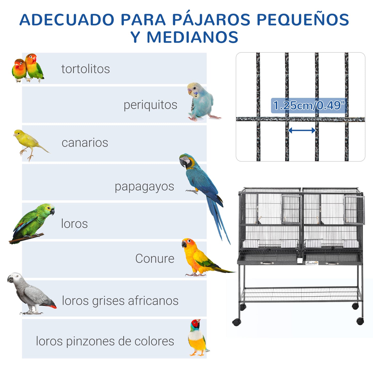 PawHut Jaula para Pájaros con Ruedas Pajarera Doble con 2 Bandejas Múltiples Puertas 4 Comederos 4 Perchas para Periquitos Agapornis Canarios 95x45,5x102 cm Gris