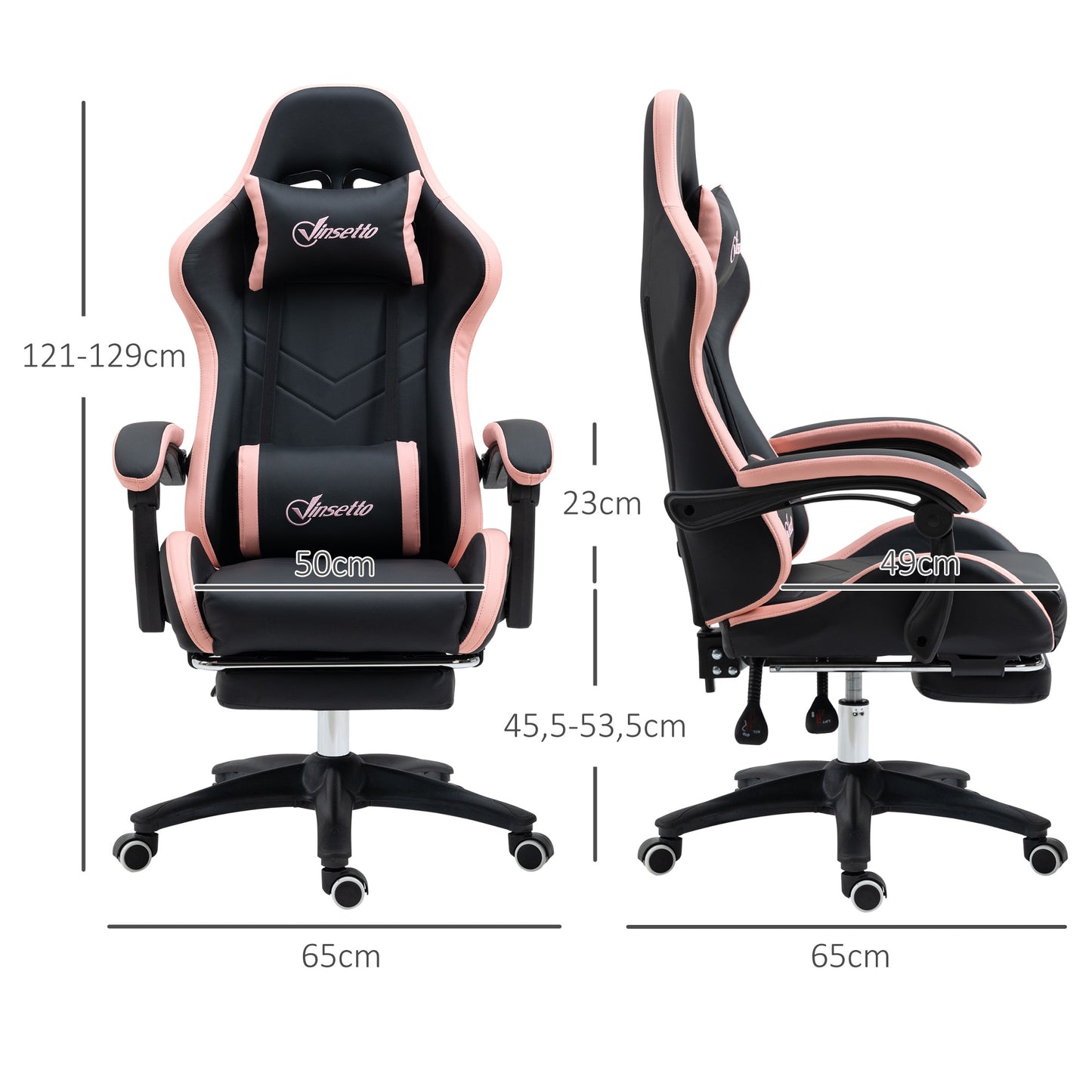 Vinsetto Silla Gaming Silla Gamer Racing de Cuero PU con Altura Ajustable Reclinable 135° Reposacabezas y Reposapiés Retráctil para Oficina Estudio 65x65x121-129 cm Negro