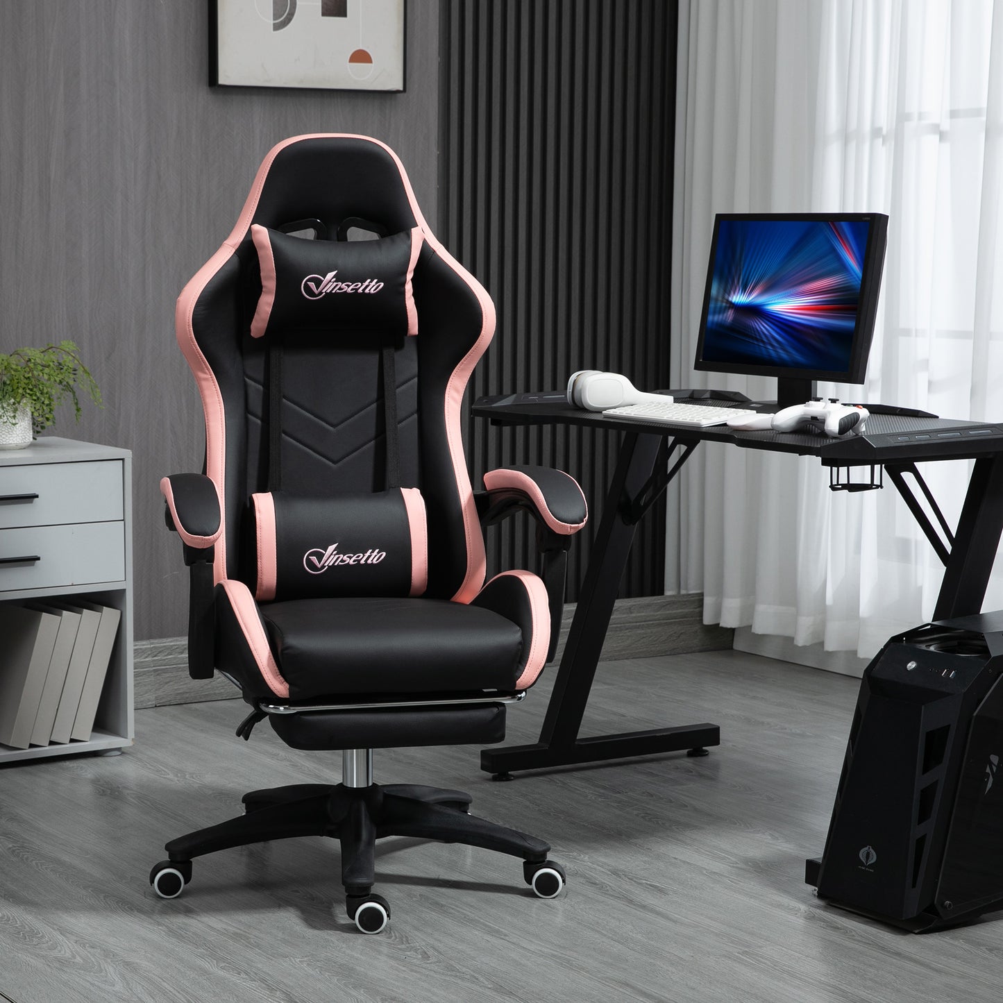 Vinsetto Silla Gaming Silla Gamer Racing de Cuero PU con Altura Ajustable Reclinable 135° Reposacabezas y Reposapiés Retráctil para Oficina Estudio 65x65x121-129 cm Negro