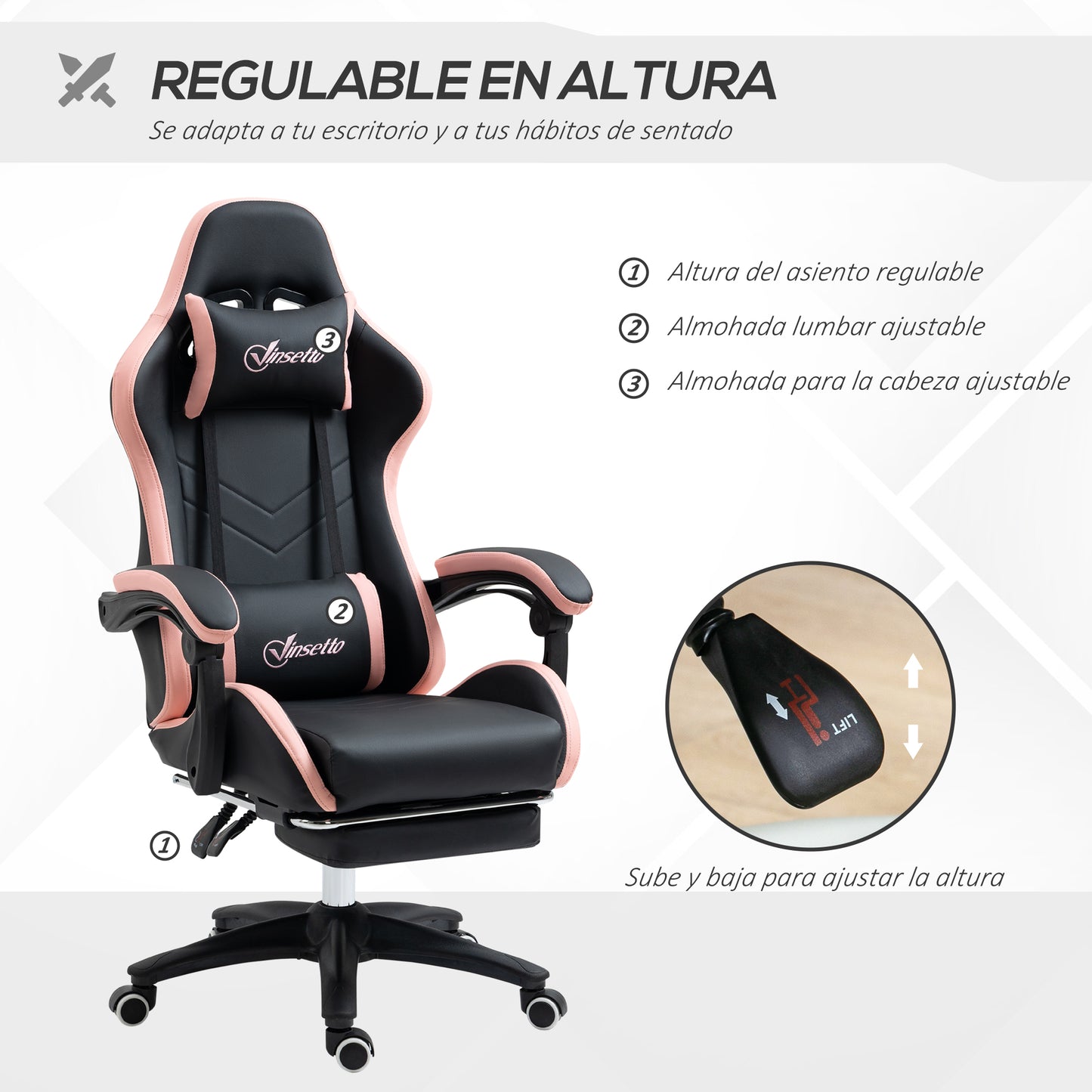 Vinsetto Silla Gaming Silla Gamer Racing de Cuero PU con Altura Ajustable Reclinable 135° Reposacabezas y Reposapiés Retráctil para Oficina Estudio 65x65x121-129 cm Negro