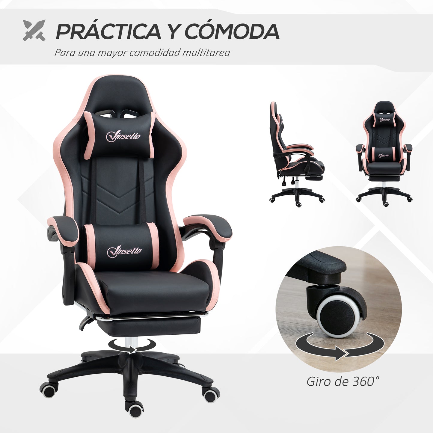 Vinsetto Silla Gaming Silla Gamer Racing de Cuero PU con Altura Ajustable Reclinable 135° Reposacabezas y Reposapiés Retráctil para Oficina Estudio 65x65x121-129 cm Negro