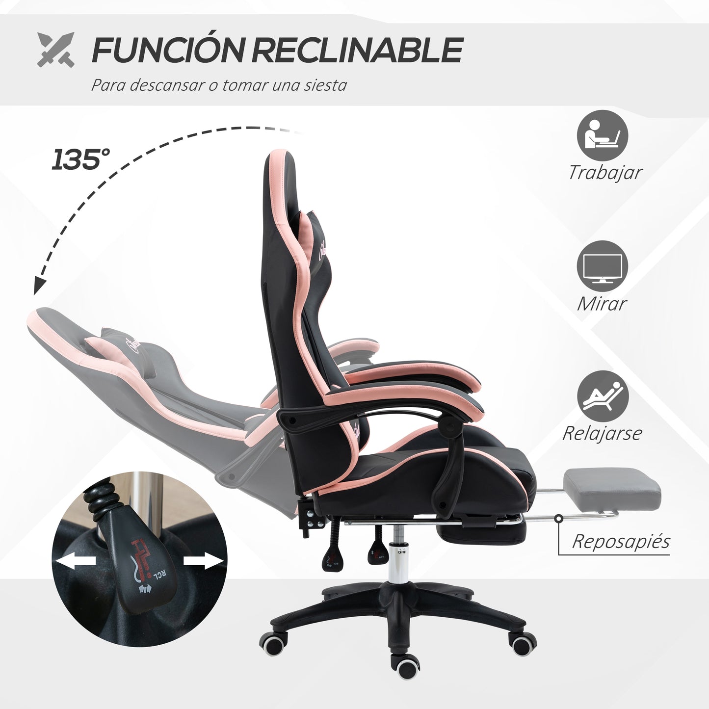 Vinsetto Silla Gaming Silla Gamer Racing de Cuero PU con Altura Ajustable Reclinable 135° Reposacabezas y Reposapiés Retráctil para Oficina Estudio 65x65x121-129 cm Negro