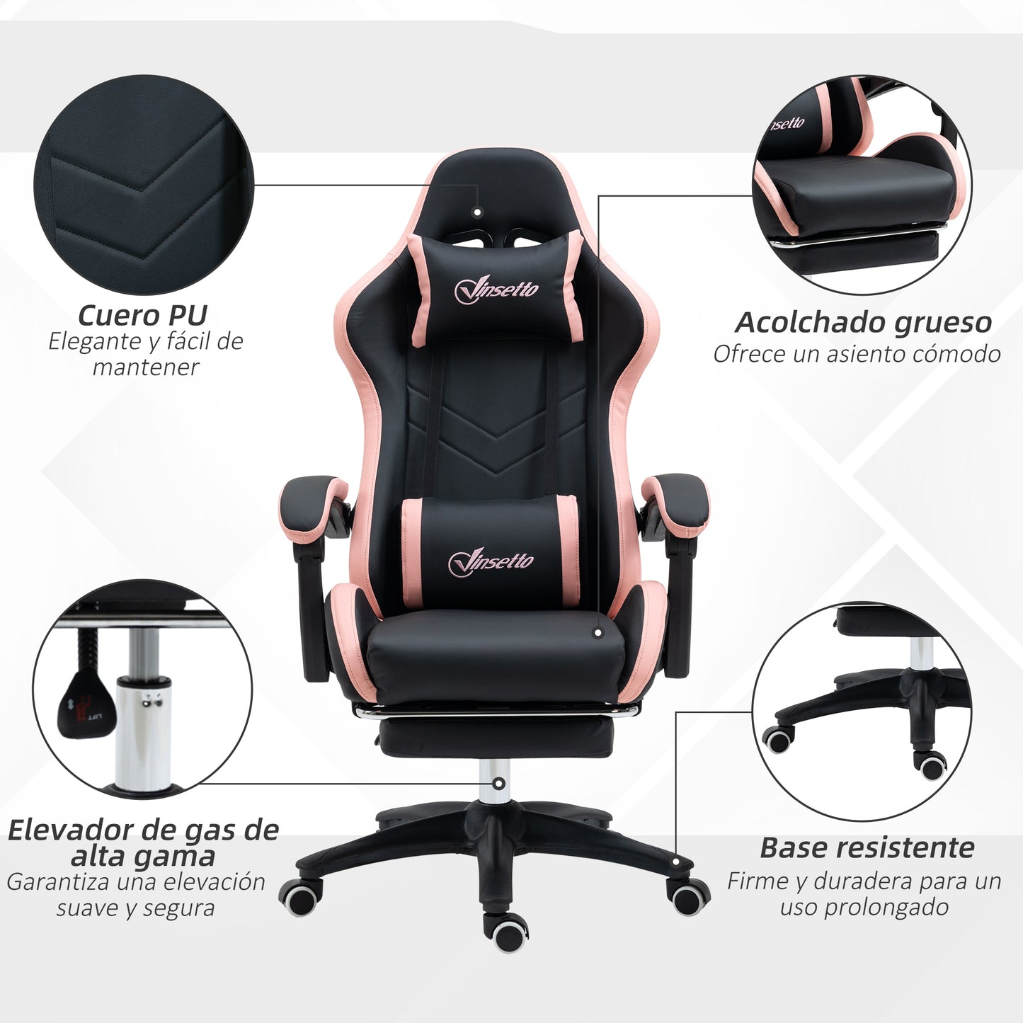 Vinsetto Silla Gaming Silla Gamer Racing de Cuero PU con Altura Ajustable Reclinable 135° Reposacabezas y Reposapiés Retráctil para Oficina Estudio 65x65x121-129 cm Negro