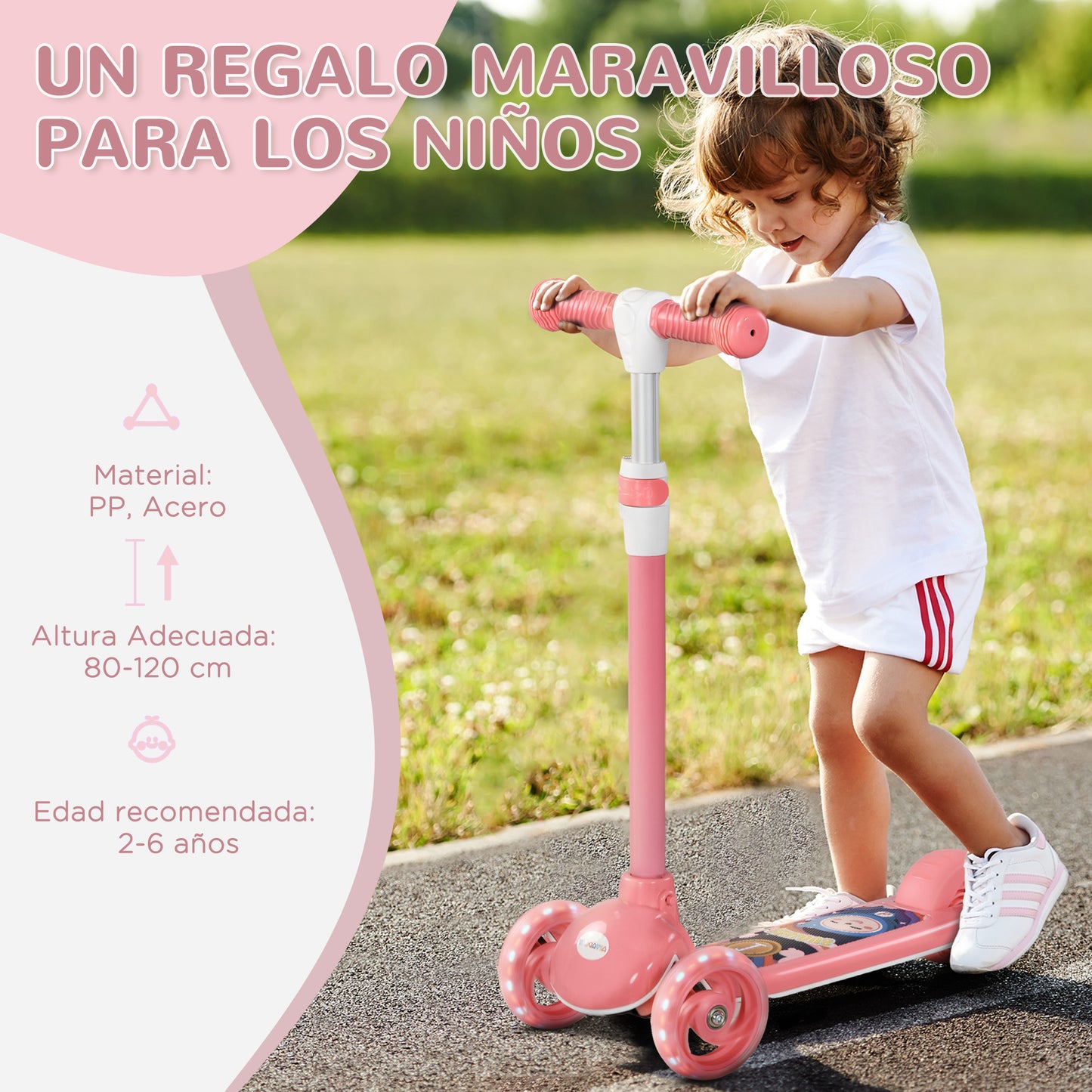 AIYAPLAY Patinete para Niños de 2-6 Años Patinete Infantil Patinete con 3 Ruedas Luces LED Altura Ajustable Carga 25 kg 52x29x63-76 cm Rosa