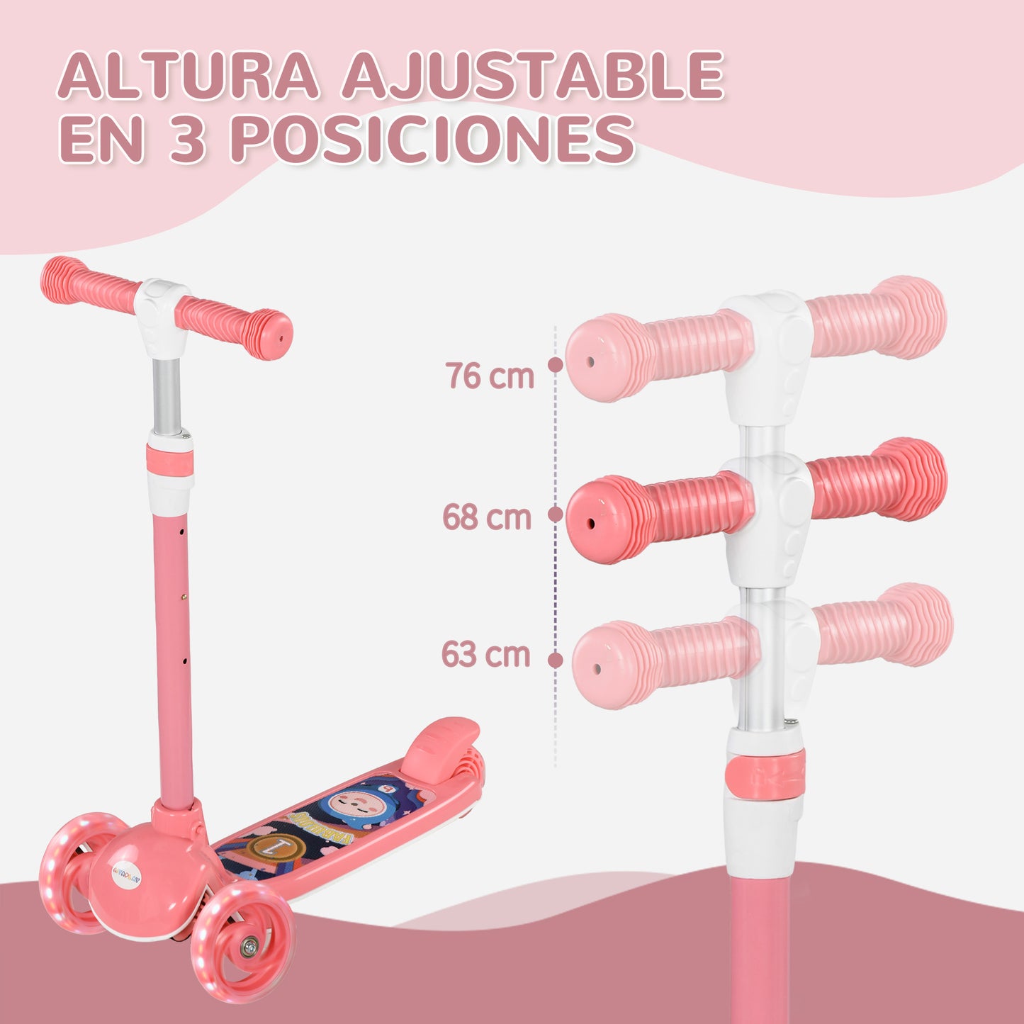 AIYAPLAY Patinete para Niños de 2-6 Años Patinete Infantil Patinete con 3 Ruedas Luces LED Altura Ajustable Carga 25 kg 52x29x63-76 cm Rosa