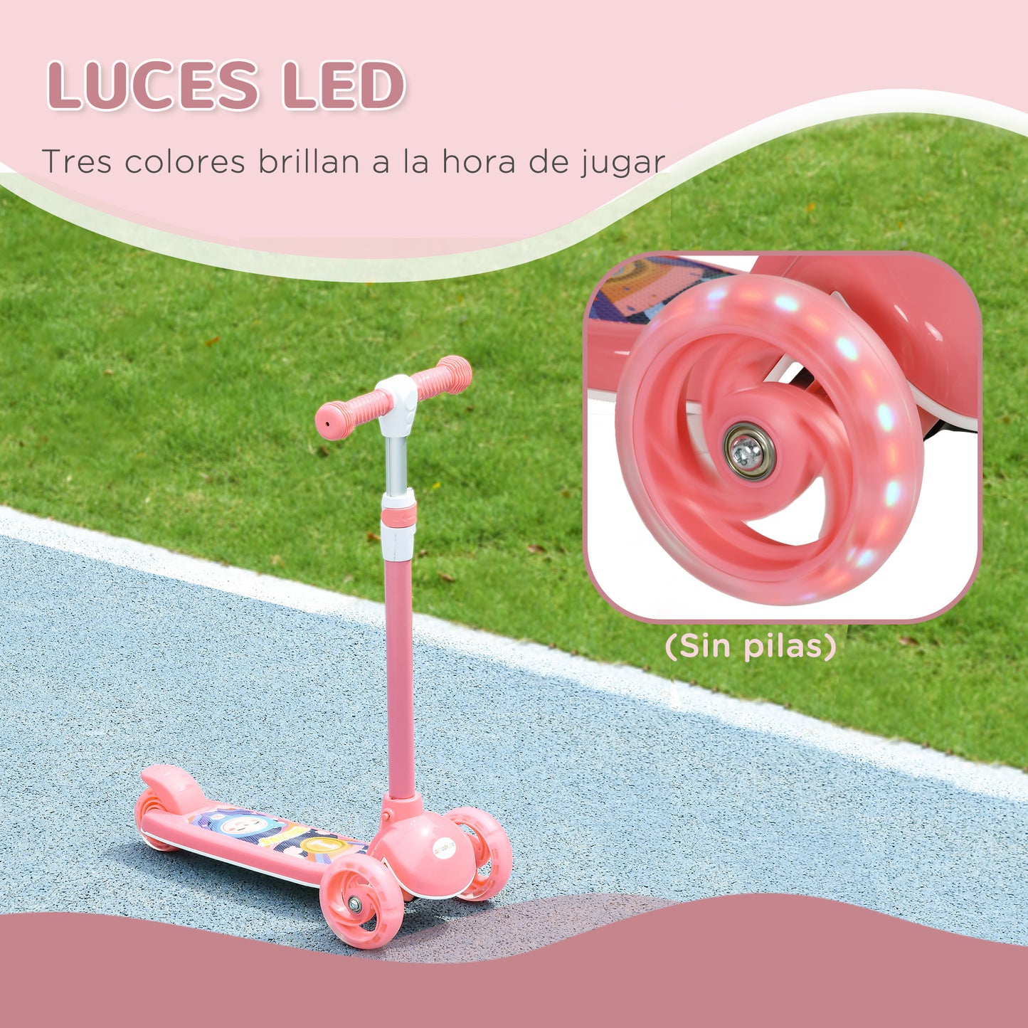 AIYAPLAY Patinete para Niños de 2-6 Años Patinete Infantil Patinete con 3 Ruedas Luces LED Altura Ajustable Carga 25 kg 52x29x63-76 cm Rosa