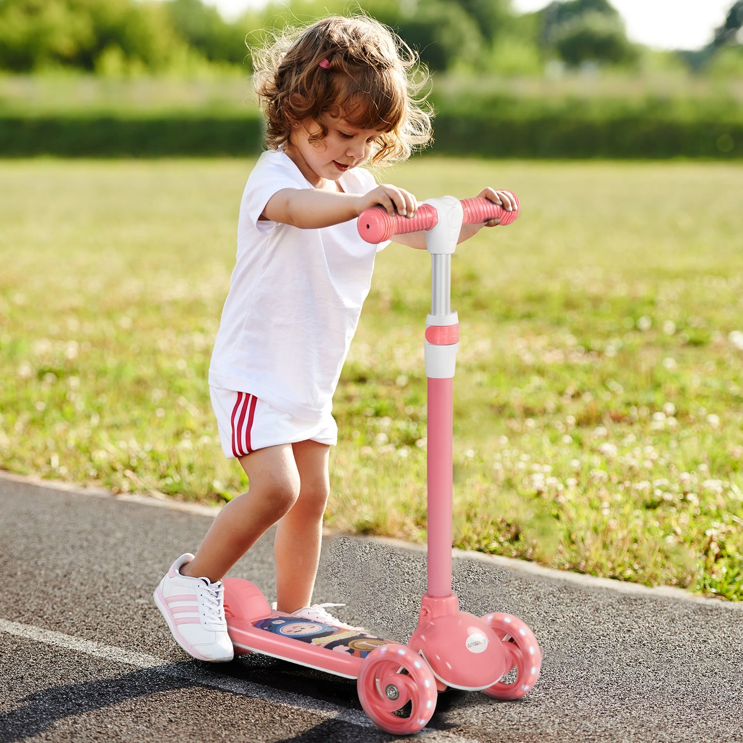 AIYAPLAY Patinete para Niños de 2-6 Años Patinete Infantil Patinete con 3 Ruedas Luces LED Altura Ajustable Carga 25 kg 52x29x63-76 cm Rosa