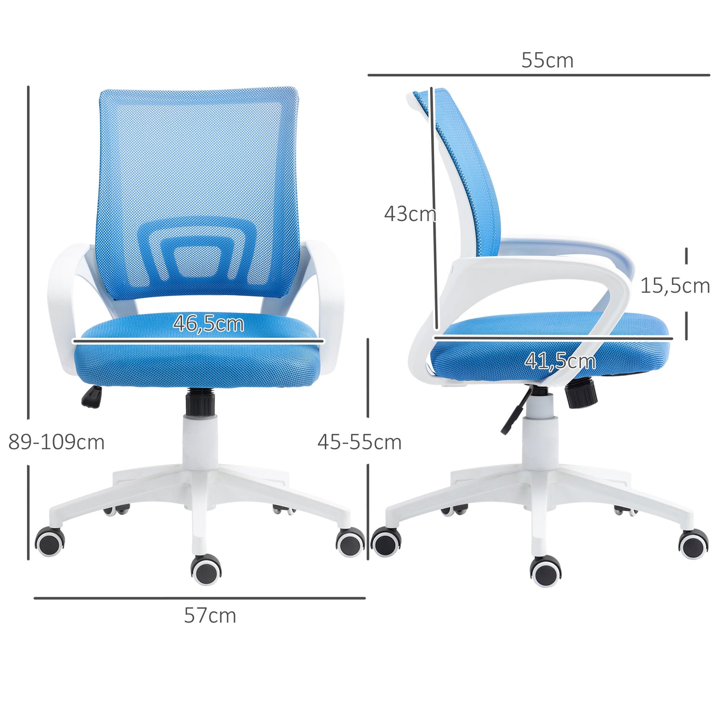 HOMCOM Silla de Oficina de Malla Silla de Escritorio Giratoria con Altura Ajustable Función de Basculante Soporte Lumbar y Reposabrazos Silla para Estudio Carga 120 kg Azul Claro