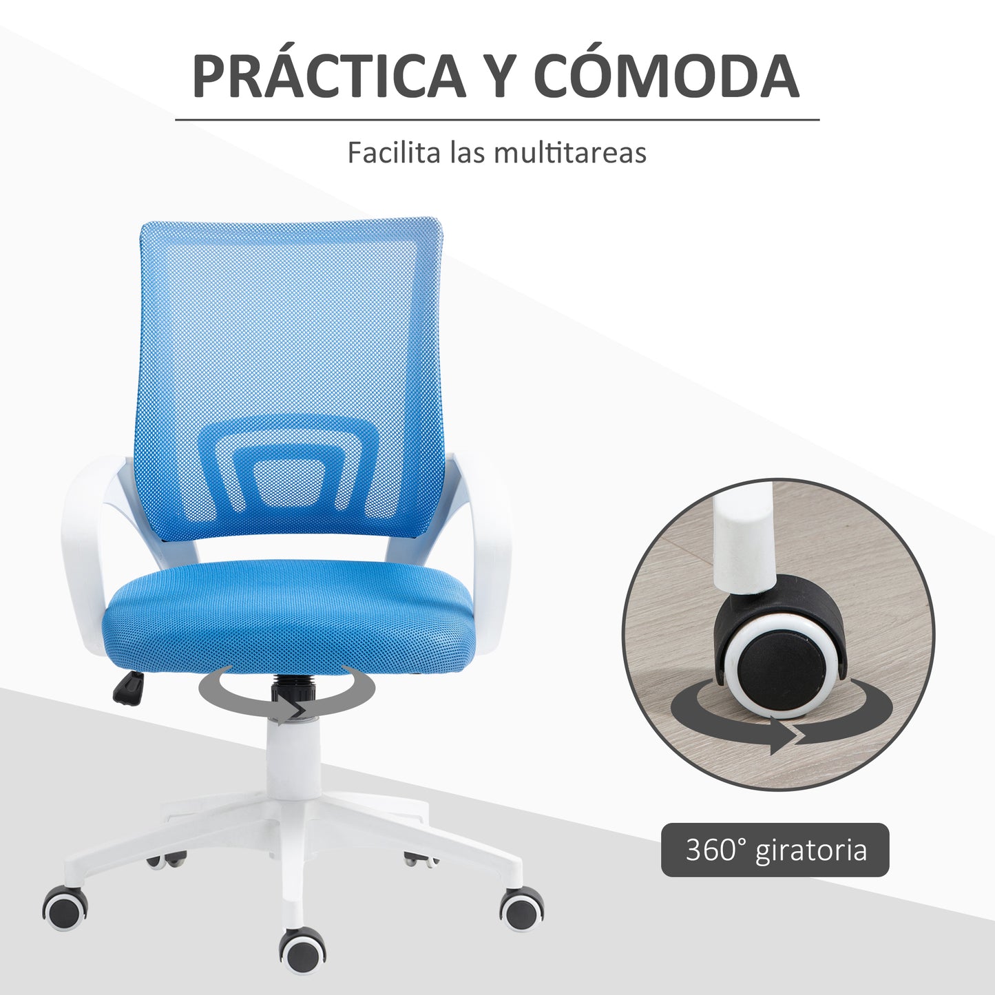 HOMCOM Silla de Oficina de Malla Silla de Escritorio Giratoria con Altura Ajustable Función de Basculante Soporte Lumbar y Reposabrazos Silla para Estudio Carga 120 kg Azul Claro