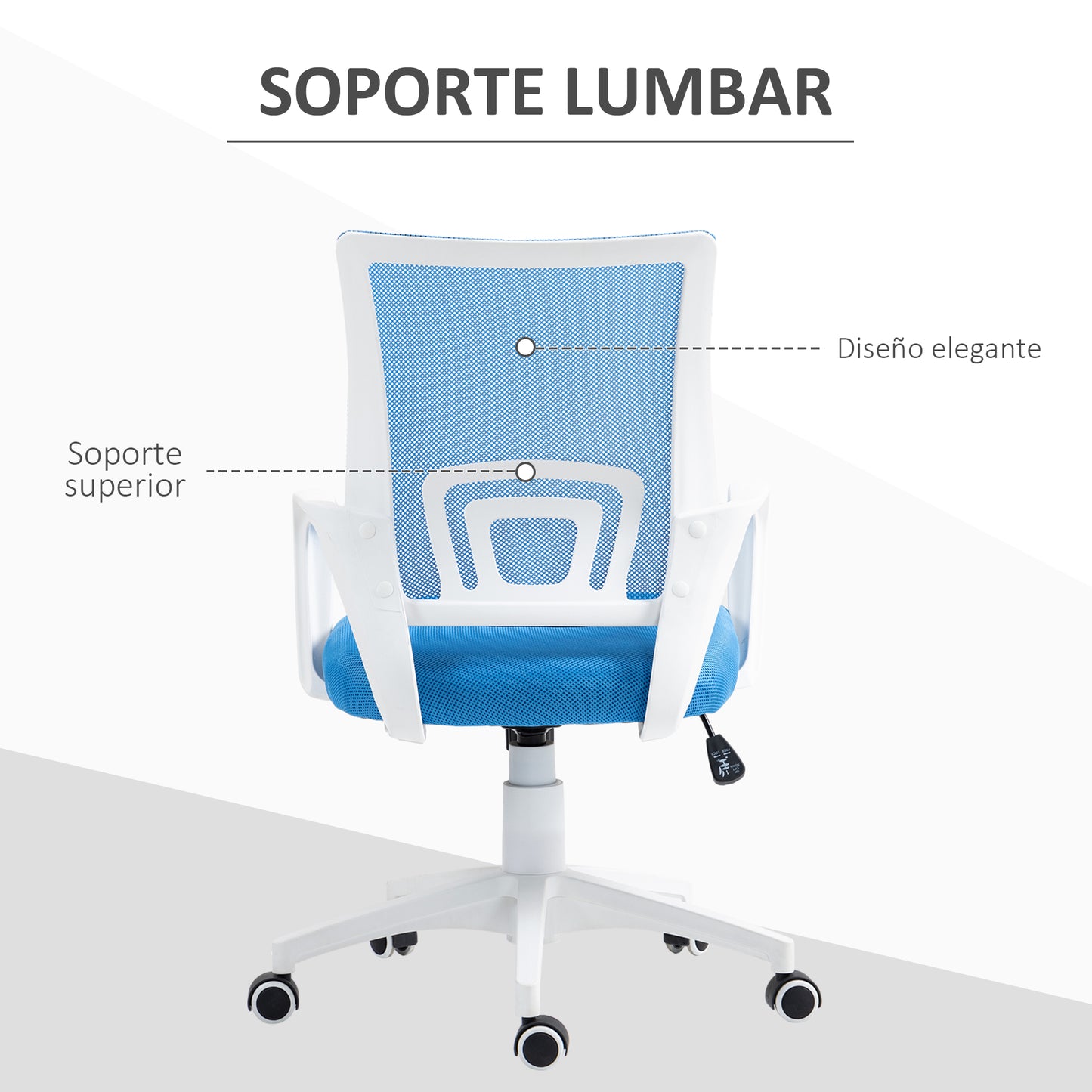 HOMCOM Silla de Oficina de Malla Silla de Escritorio Giratoria con Altura Ajustable Función de Basculante Soporte Lumbar y Reposabrazos Silla para Estudio Carga 120 kg Azul Claro