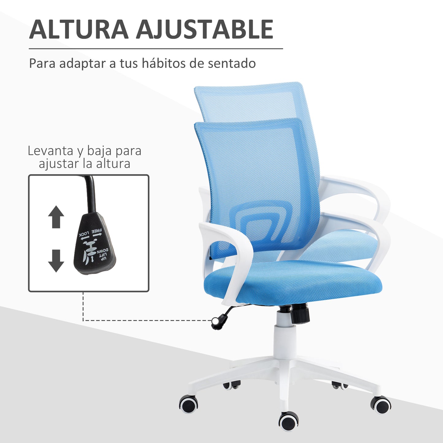 HOMCOM Silla de Oficina de Malla Silla de Escritorio Giratoria con Altura Ajustable Función de Basculante Soporte Lumbar y Reposabrazos Silla para Estudio Carga 120 kg Azul Claro