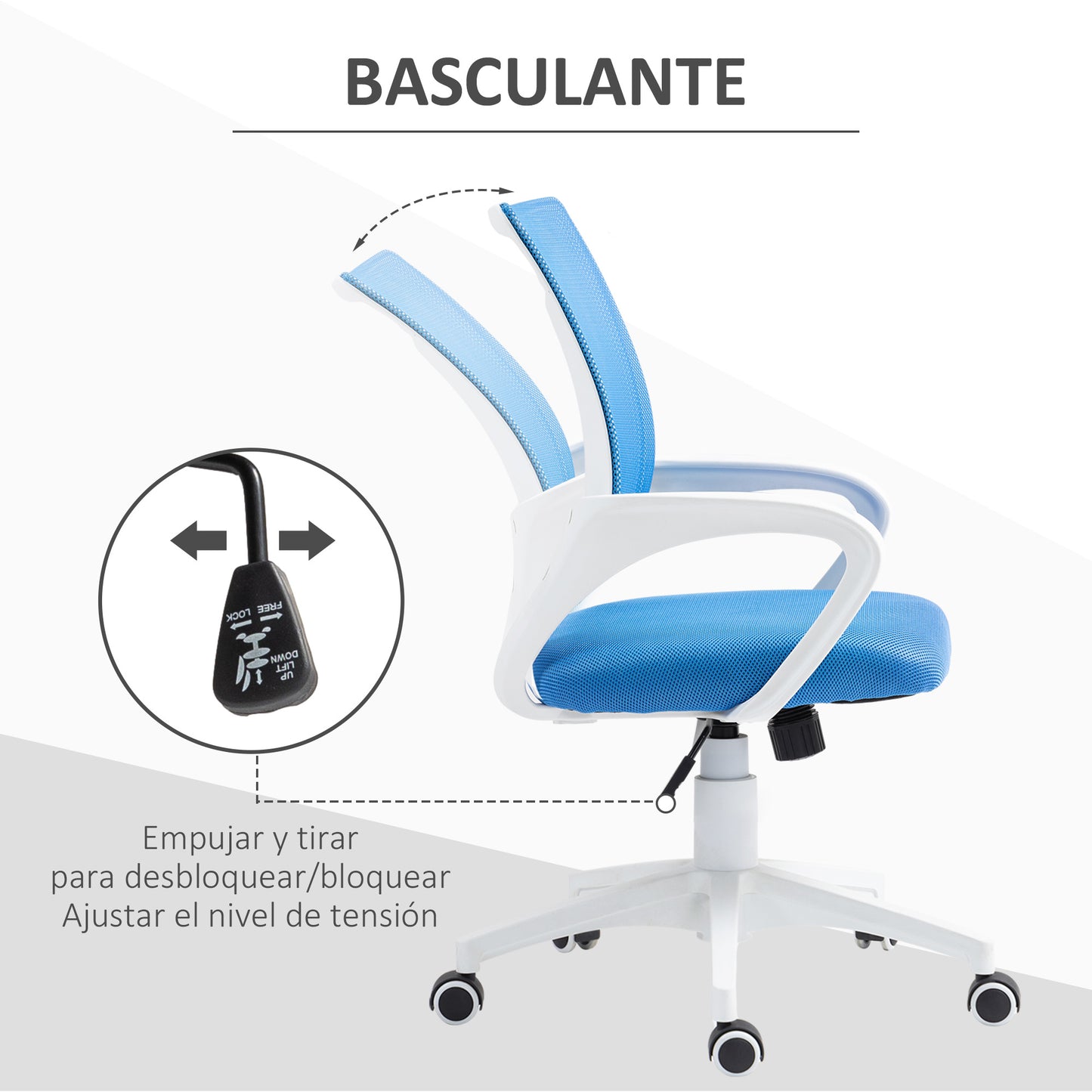 HOMCOM Silla de Oficina de Malla Silla de Escritorio Giratoria con Altura Ajustable Función de Basculante Soporte Lumbar y Reposabrazos Silla para Estudio Carga 120 kg Azul Claro