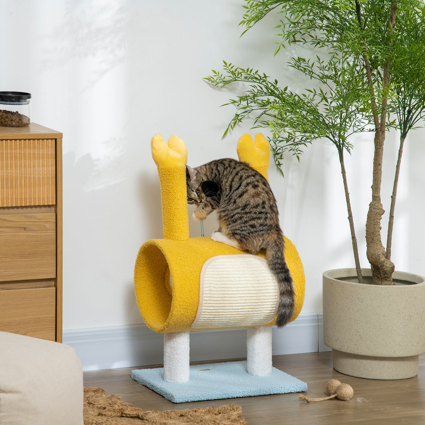 PawHut Árbol Rascador para Gatos Túnel para Gatos Altura 72 cm Postes con Forma de Cangrejo Torre para Gatos con Orificio y Bolas Divertidas 40x29x72 cm Amarillo