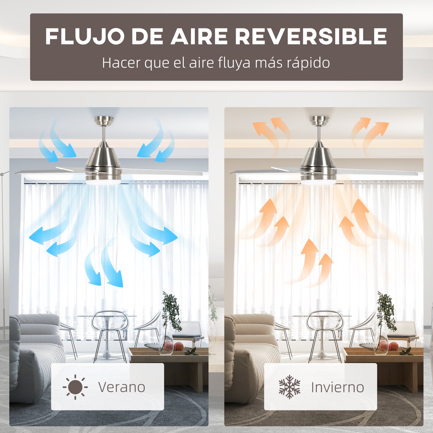 HOMCOM Ventilador de Techo con Luz 46W Ø129 cm Motor DC Ventilador de Techo Silencioso con 4 Aspas Reversibles Mando a Distancia 6 Velocidades y Temporizador para Dormitorio Salón Plata