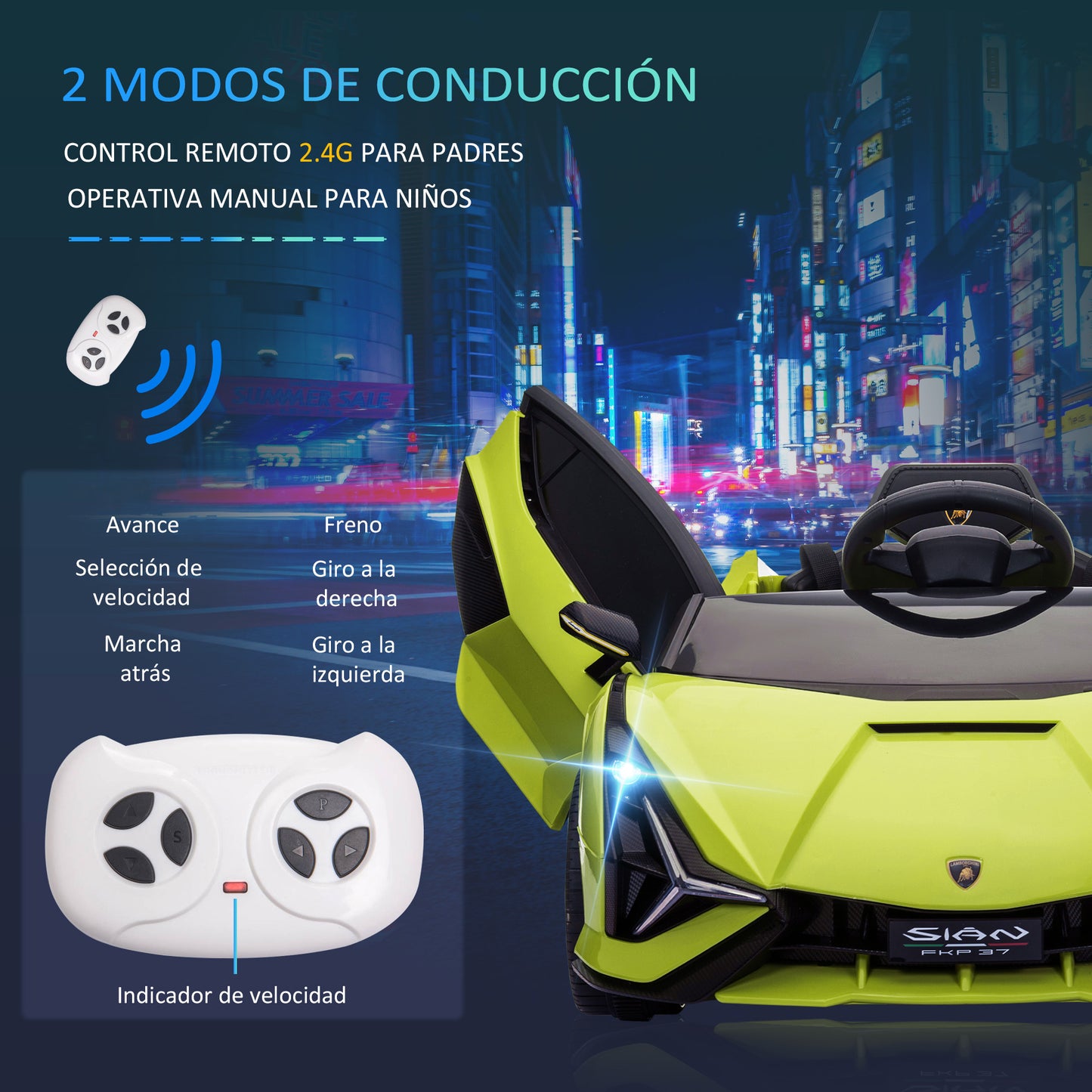 HOMCOM Coche Eléctrico Lamborghini SIAN 12V para Niños de +3 Años con Mando a Distancia Apertura de Puerta Música MP3 USB y Faros 3-5 km/h 108x62x40 cm Verde