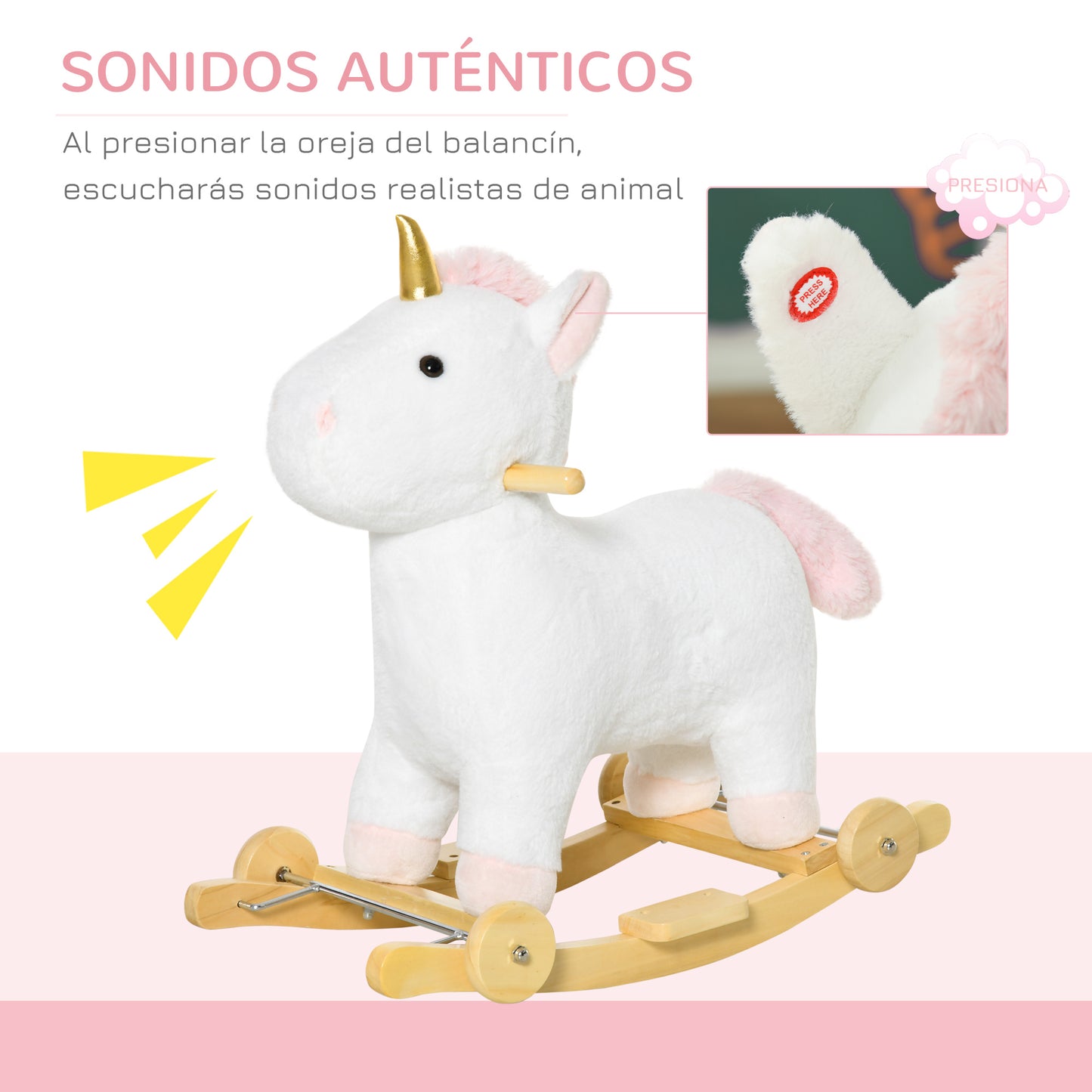 HOMCOM Caballito Balancín Infantil en Forma de Unicornio para Niños de +3 Años Balancín de Felpa 2 en 1 con Ruedas y Sonidos 63x38x63 cm Blanco