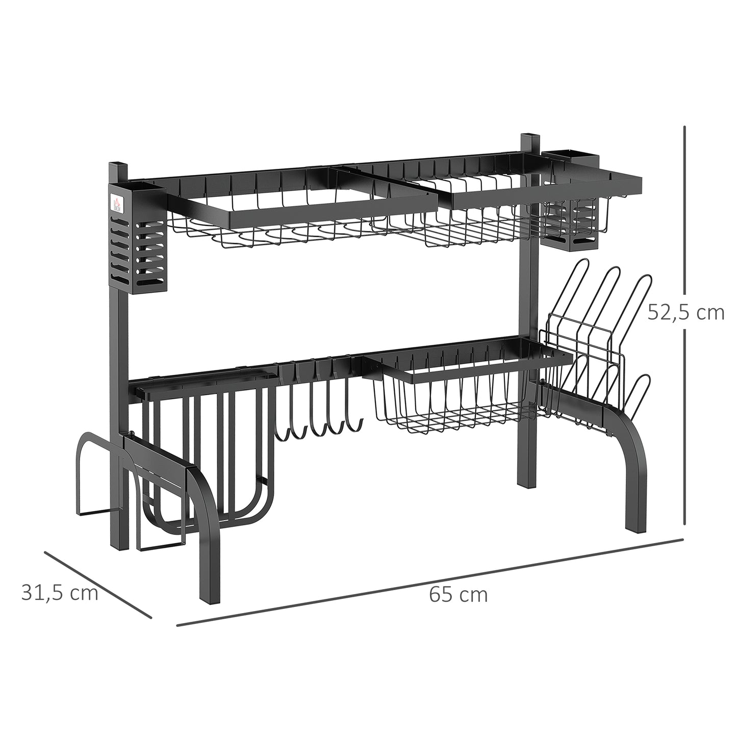 HOMCOM Escurreplatos de Acero Escurridor de Platos de 2 Niveles para Fregadero con Soporte para Tabla de Cortar Soporte de Cubiertos 5 Ganchos 65x31,5x52,5 cm Negro