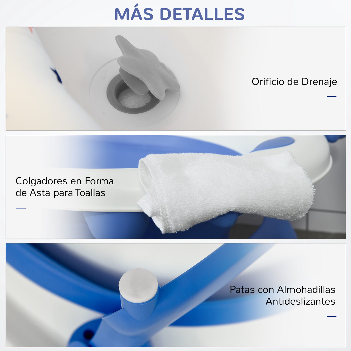 HOMCOM Bañera Plegable para Bebé Recién Nacido hasta 3 Años 81,5x50,5x23,5 cm con Tapón Termosensible Cojín y Almohadillas Antideslizantes Azul